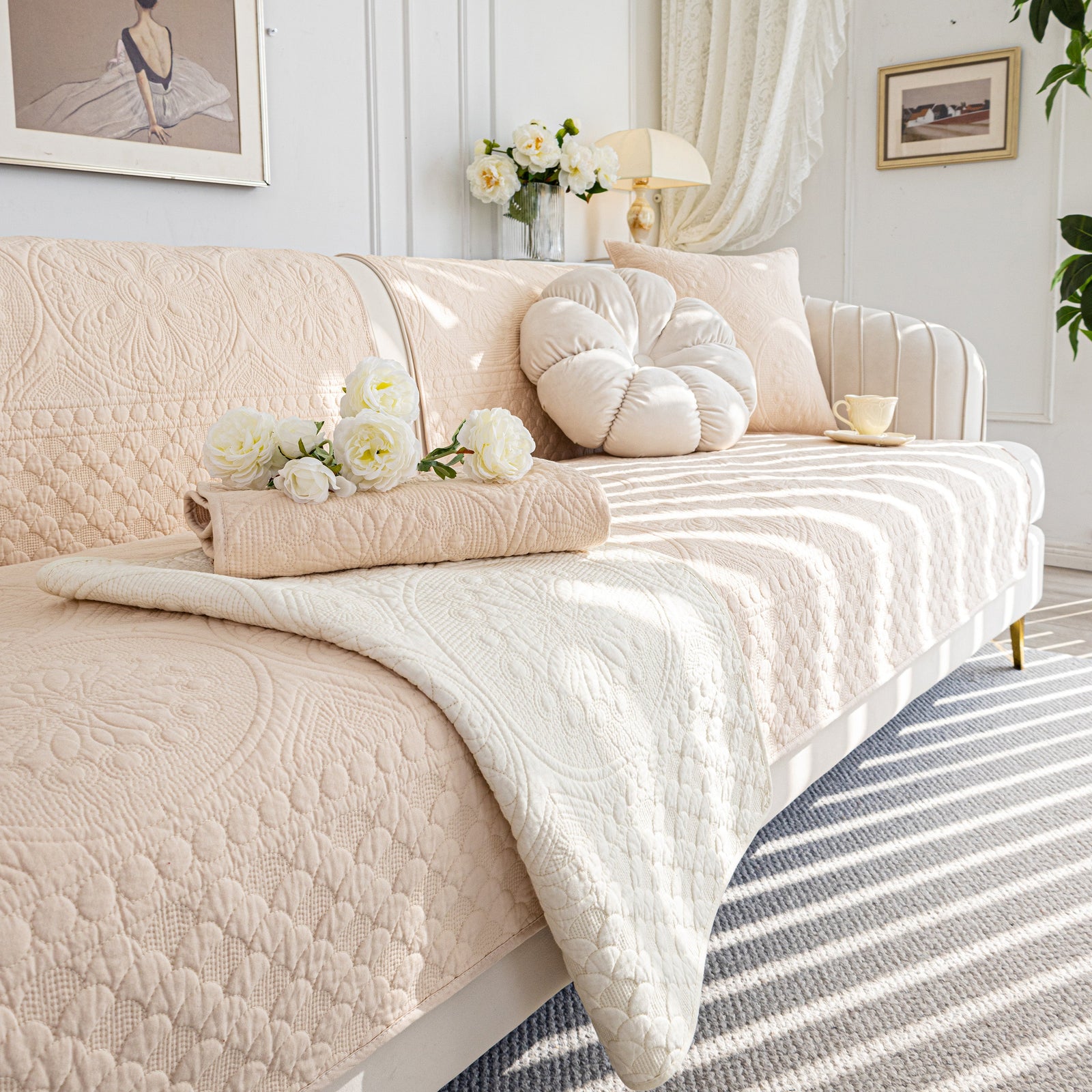 Cotton Quilted Sofa Cover, Non-Slip Couch Protector Fits Backrest, Seat & Armrest