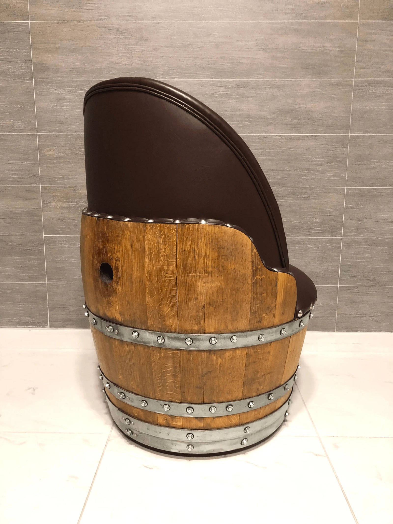 Wine Barrel Full Round Coffee Table Set with 2 Chairs - Rustic Whiskey Barrel Furniture Set - Handmade Solid Oak