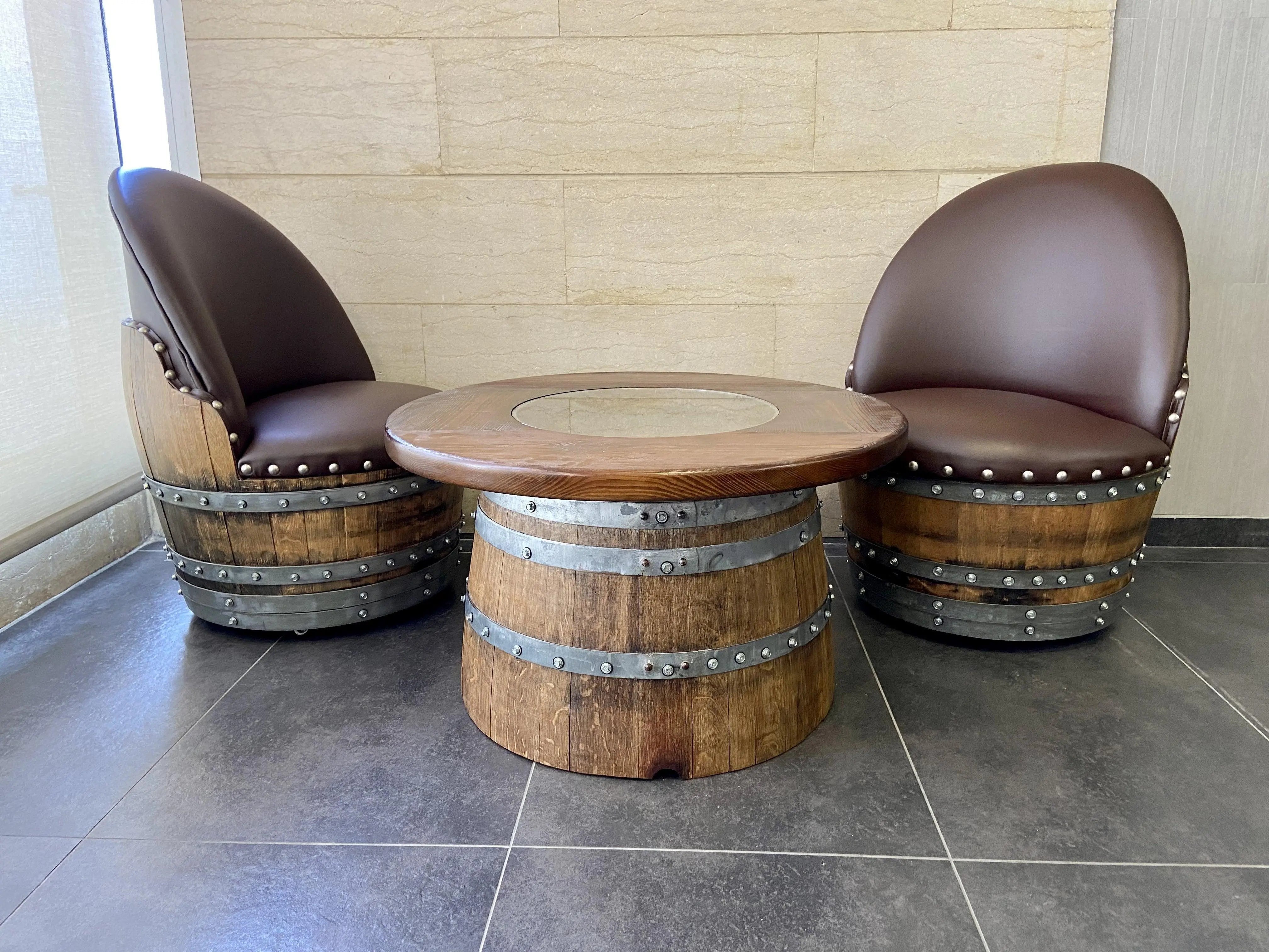Wine Barrel Full Round Coffee Table Set with 2 Chairs - Rustic Whiskey Barrel Furniture Set - Handmade Solid Oak