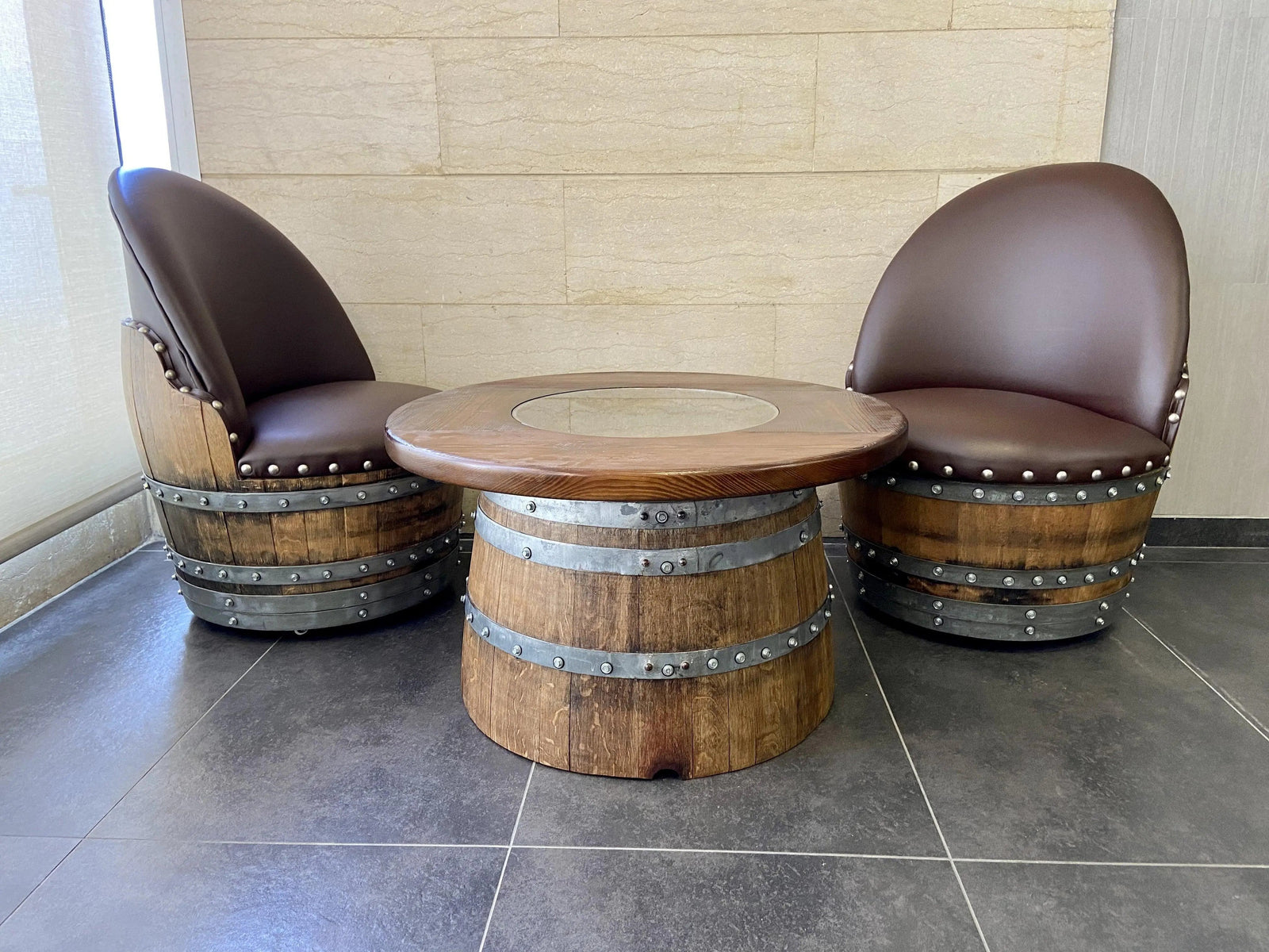 Wine Barrel Full Round Coffee Table Set with 2 Chairs - Rustic Whiskey Barrel Furniture Set - Handmade Solid Oak