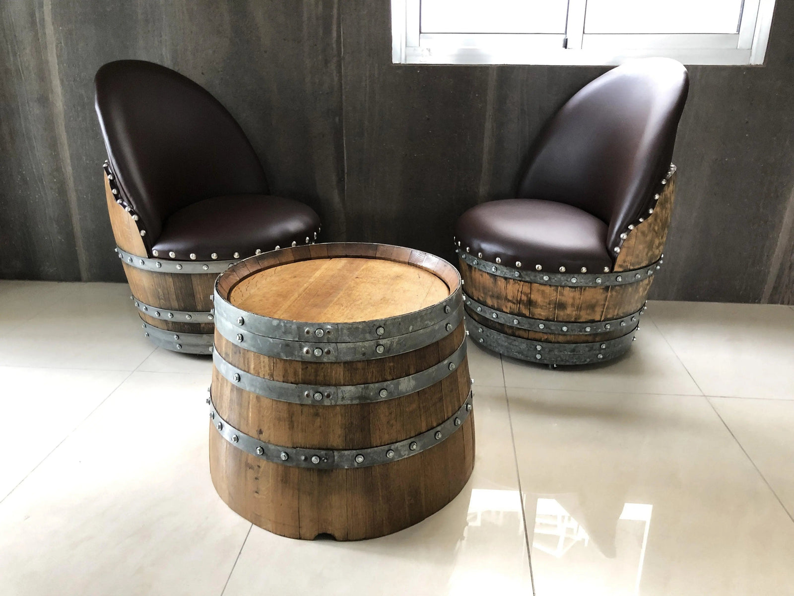 Wine Barrel Round Coffee Table Set with 2 Chairs - Rustic Whiskey Barrel Furniture Set - Handmade Solid Oak