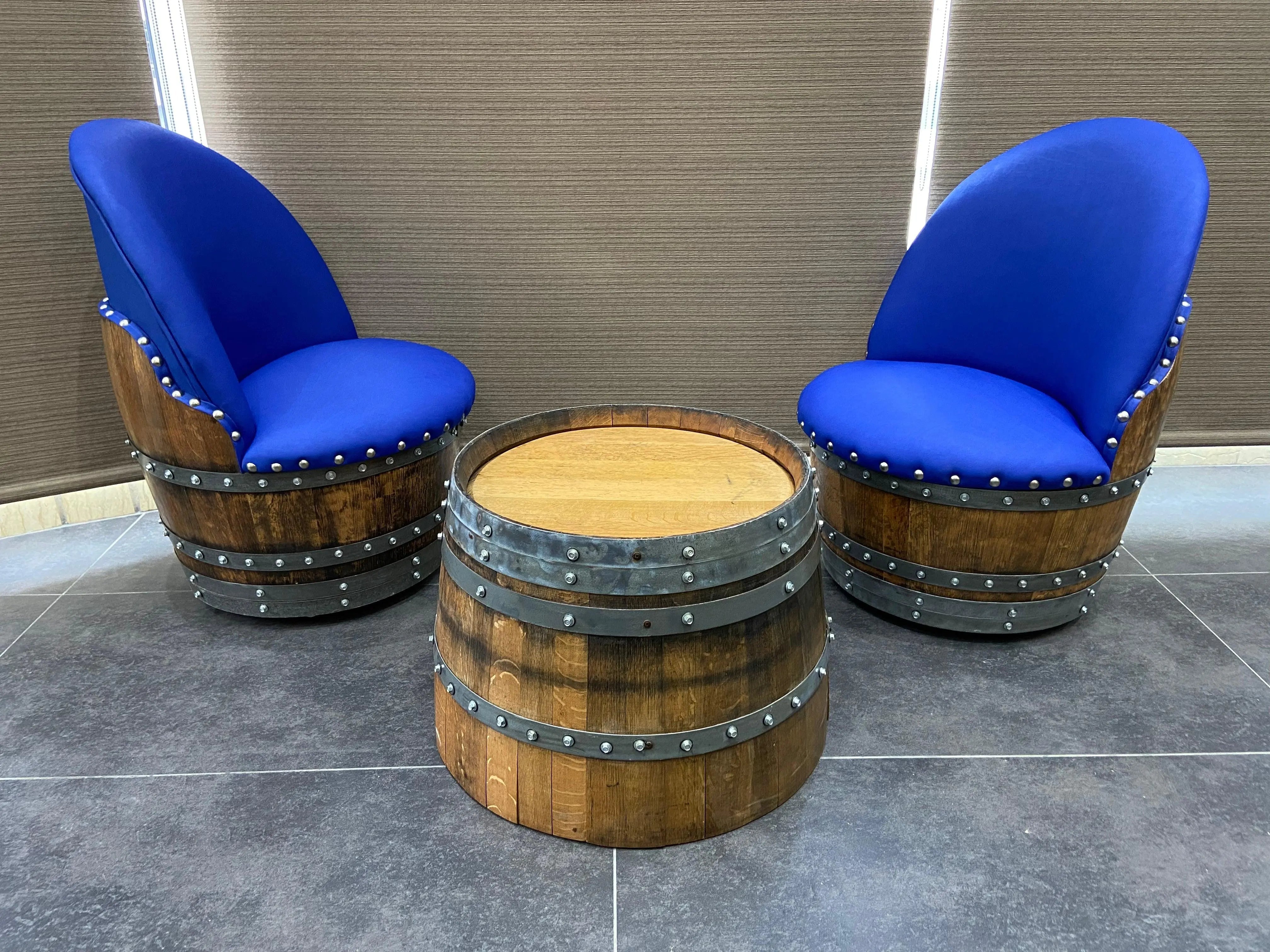 Wine Barrel Round Coffee Table Set with 2 Chairs - Rustic Whiskey Barrel Furniture Set - Handmade Solid Oak