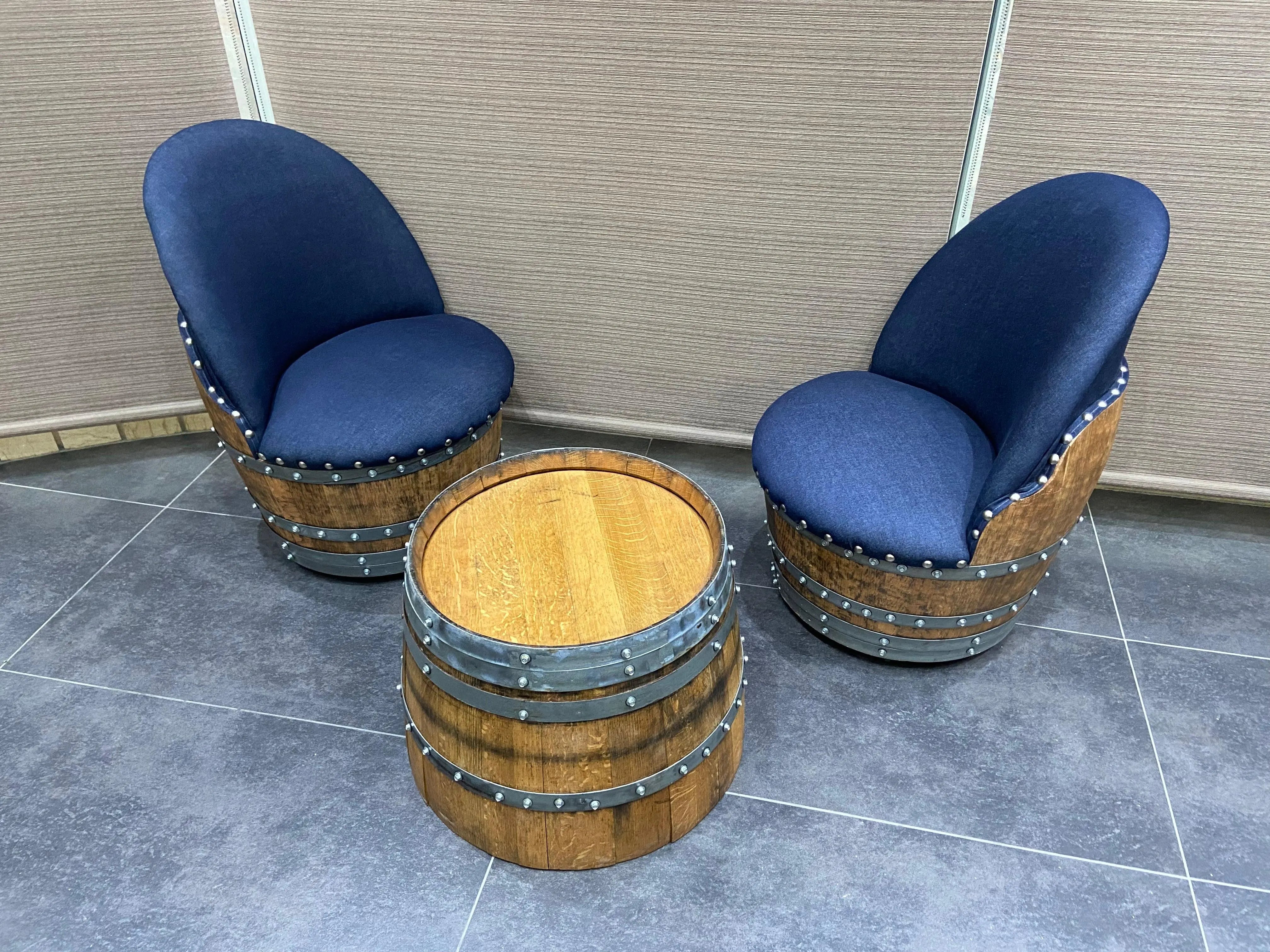 Wine Barrel Round Coffee Table Set with 2 Chairs - Rustic Whiskey Barrel Furniture Set - Handmade Solid Oak