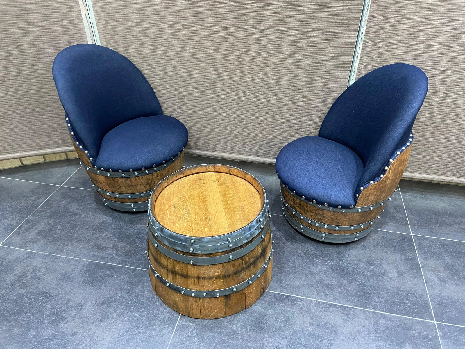 Wine Barrel Round Coffee Table Set with 2 Chairs - Rustic Whiskey Barrel Furniture Set - Handmade Solid Oak