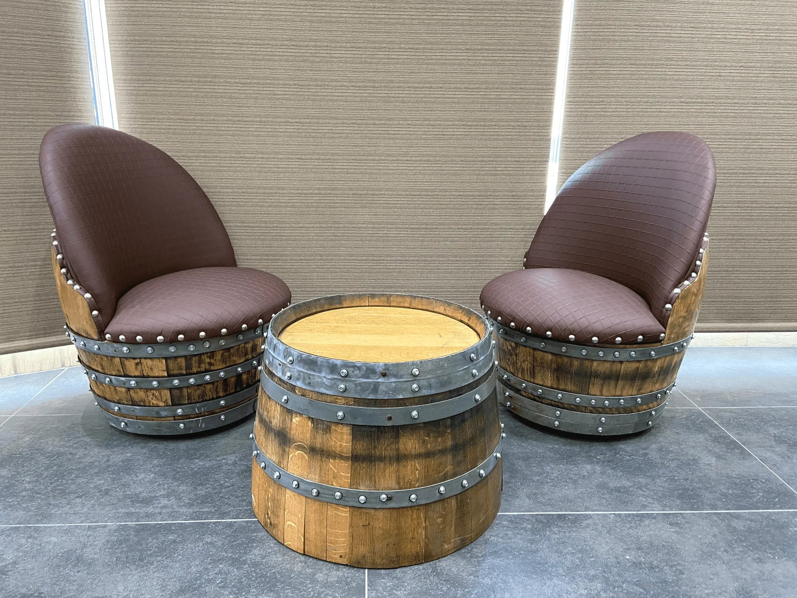 Wine Barrel Round Coffee Table Set with 2 Chairs - Rustic Whiskey Barrel Furniture Set - Handmade Solid Oak