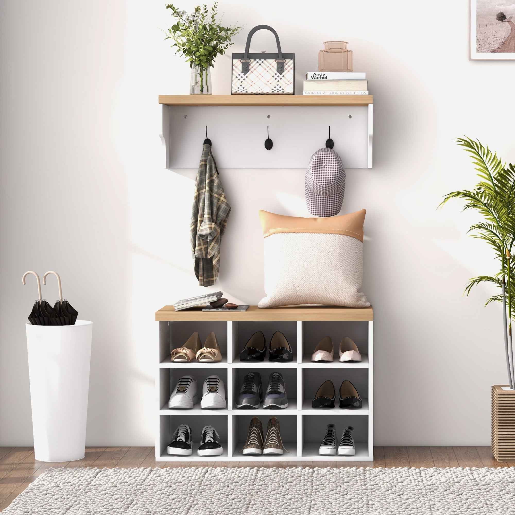 Walker Edison | Entryway 2-in-1 Coat Rack and Shoe Bench Set