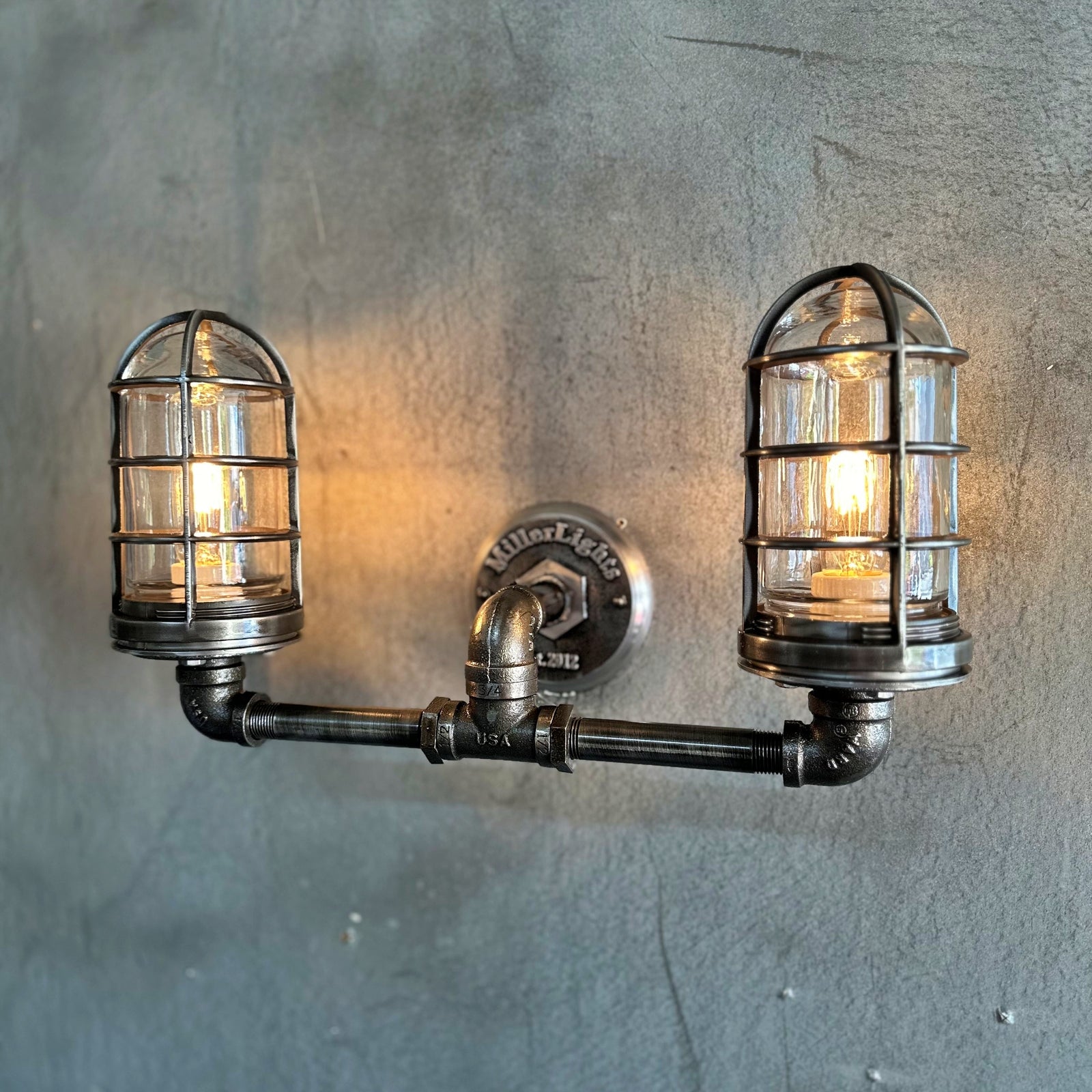 Black Pipe Light - Industrial Double Cage Wall Sconce - The Ironforge