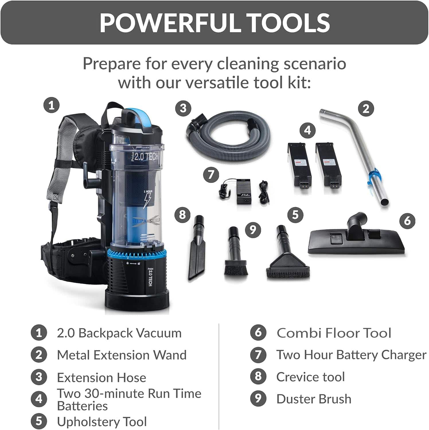 Prolux 2.0 Cordless Bagless Upright Backpack Vacuum with 1 hour Lithium Ion Battery