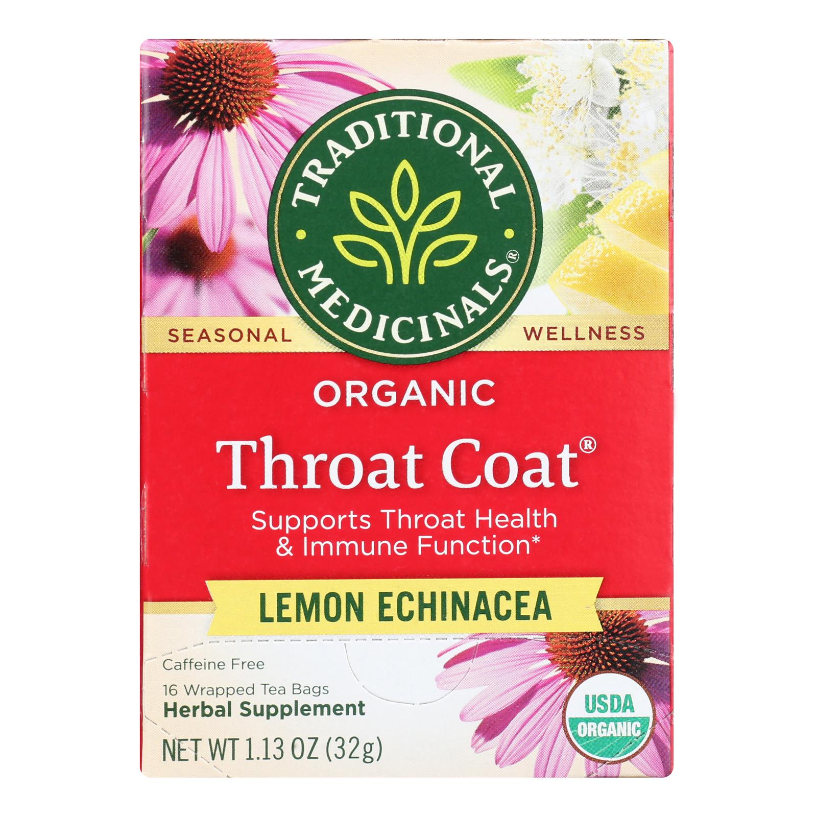Traditional Medicinals Organic Throat Coat Lemon Echinacea Tea - Caffeine Free - 16 Bags