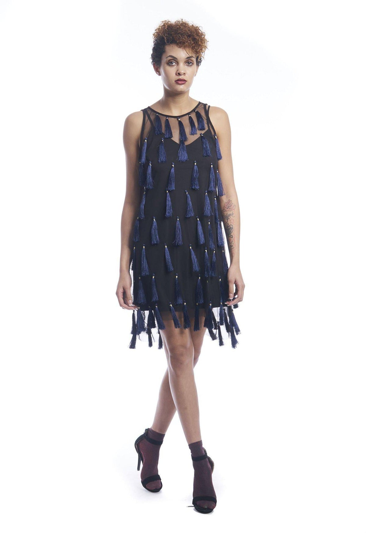 Flapper Chic Tassel Dress in Black + Sapphire
