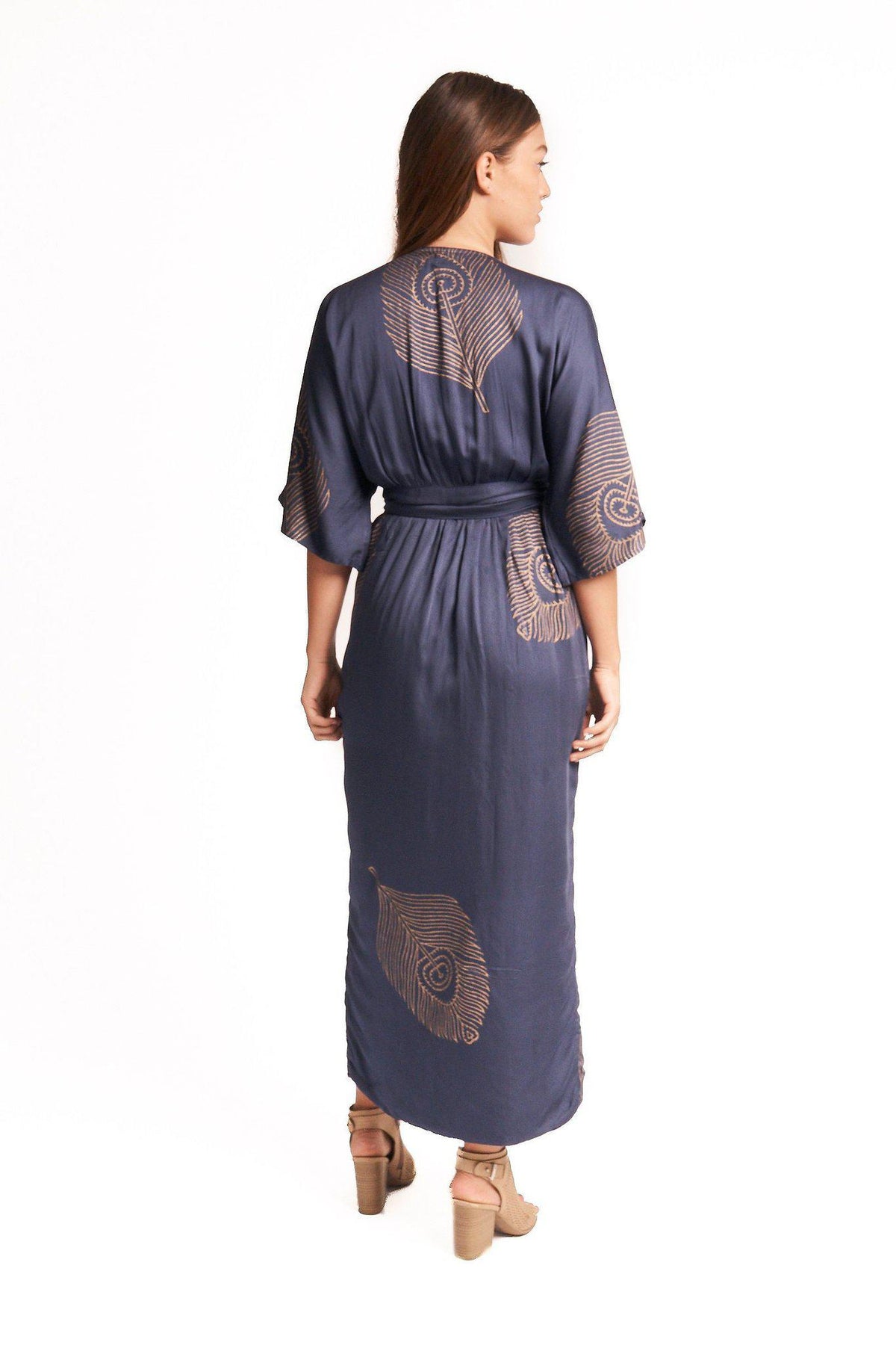 Peacock Feather Wrap Dress in Navy + Gold