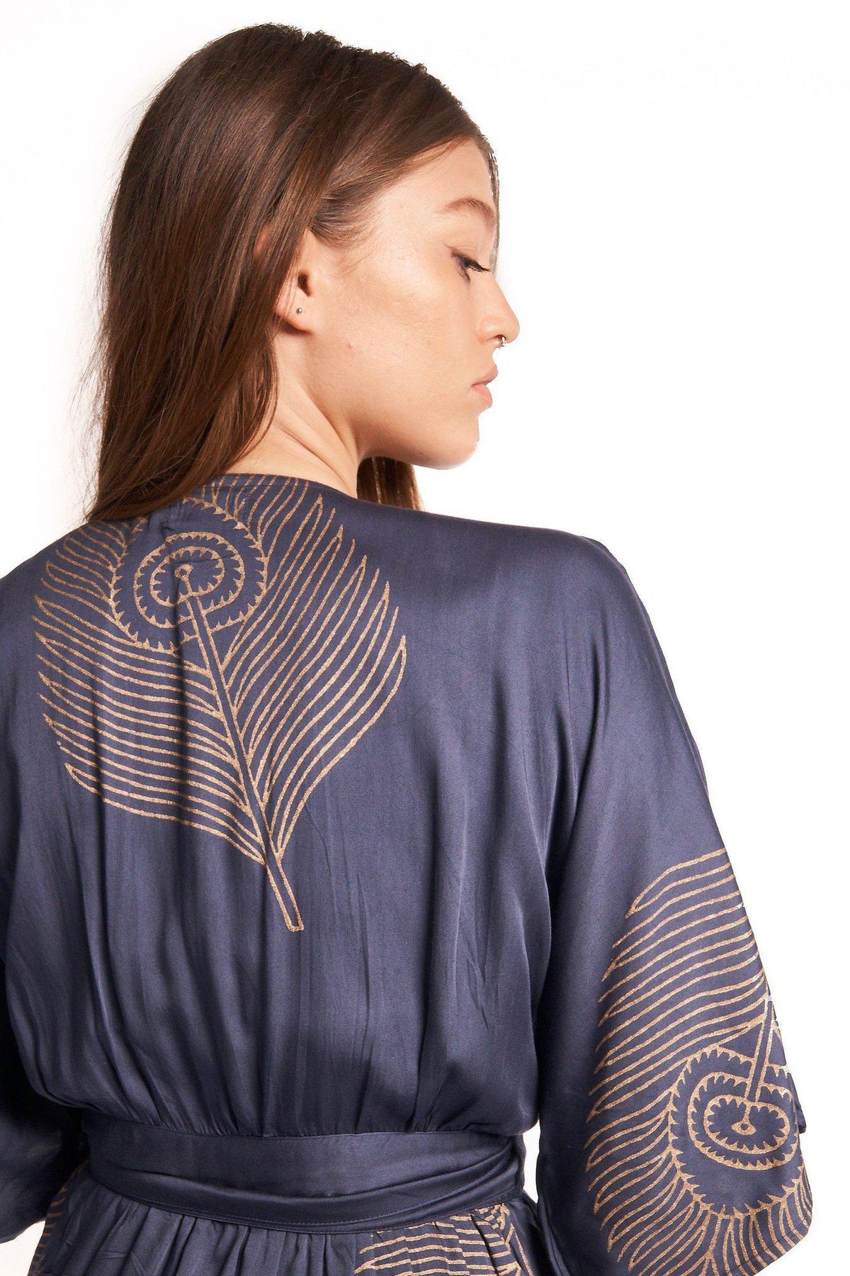 Peacock Feather Wrap Dress in Navy + Gold
