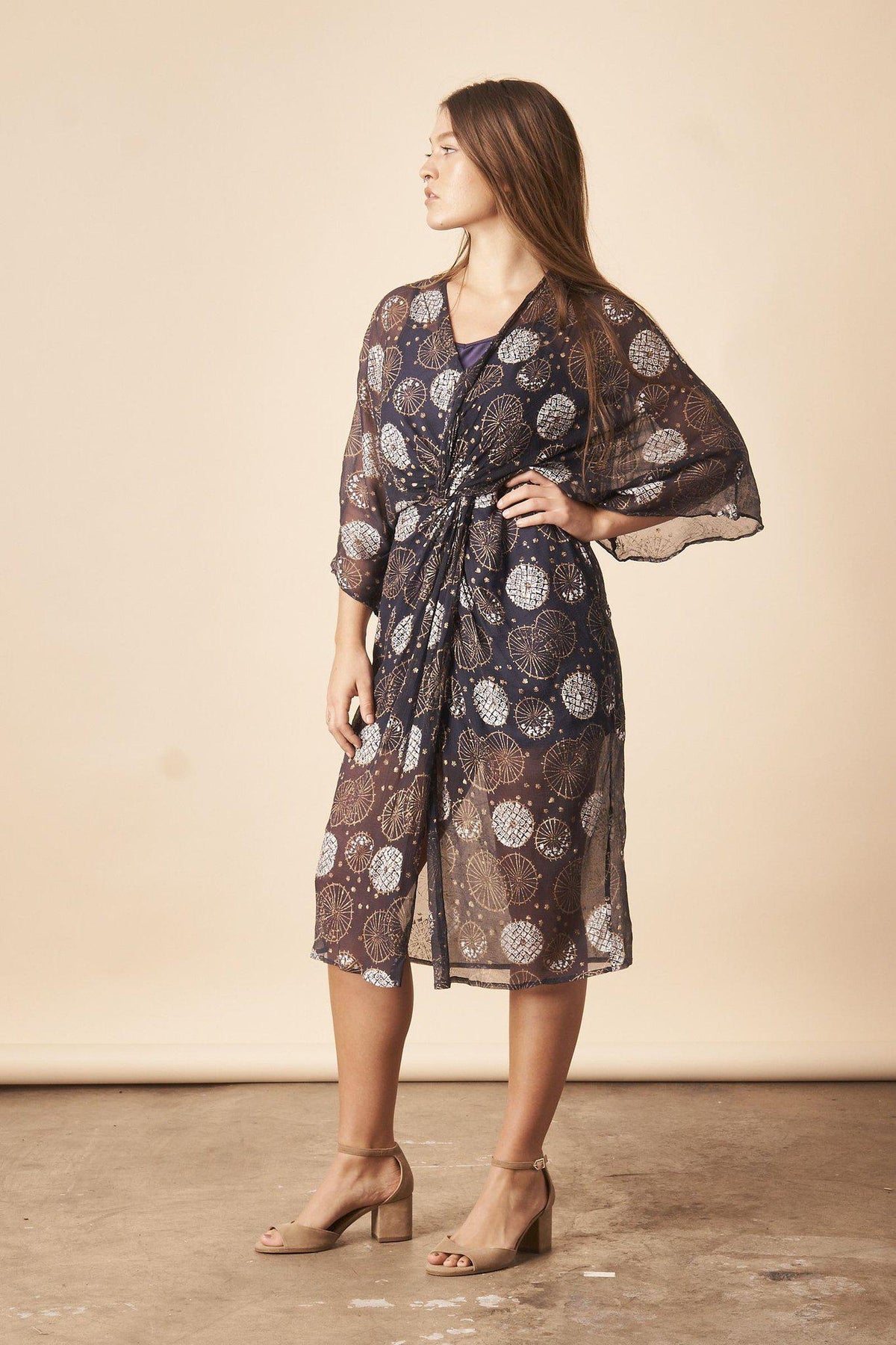 Dancing Umbrellas Twisted Midi Dress in Navy + Metallic