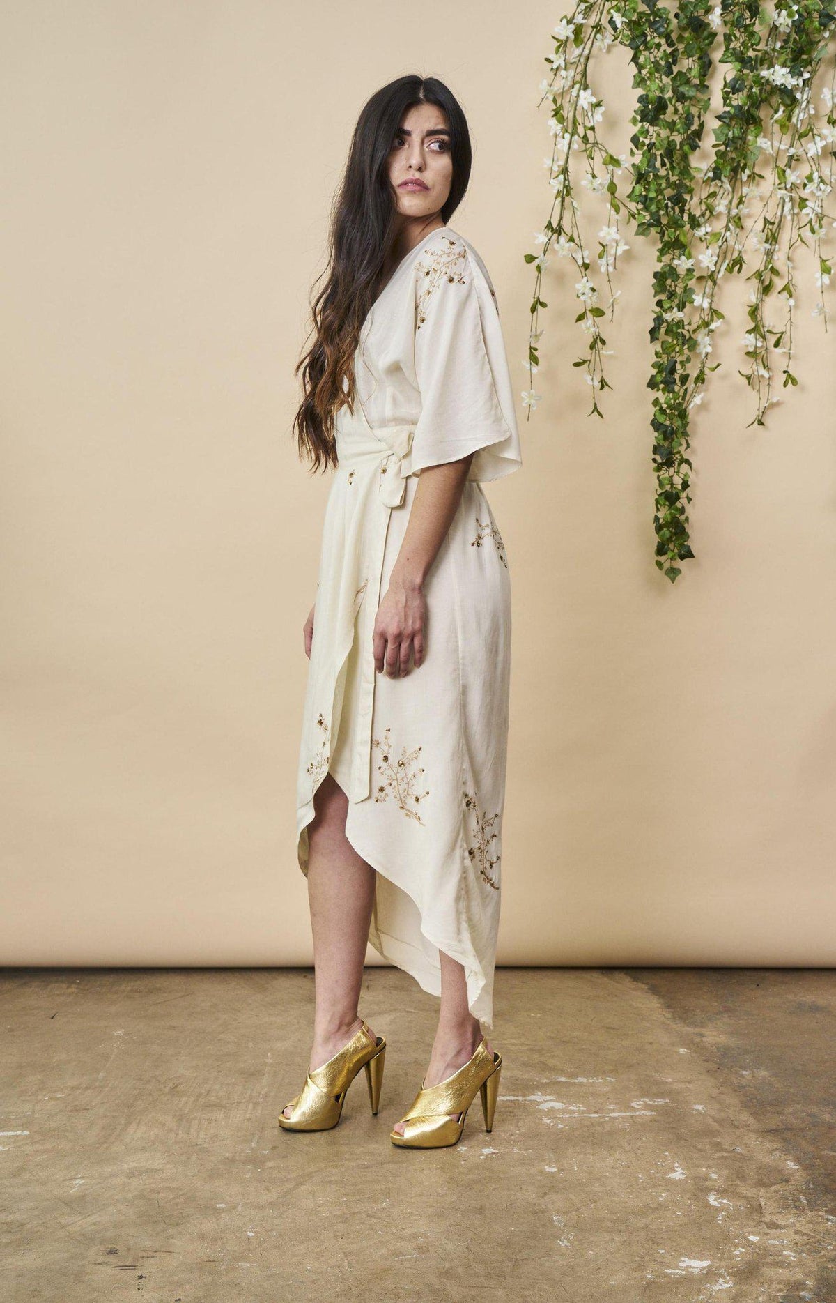 Hand Beaded Cherry Blossom Maxi Wrap in Ivory + Antique Gold