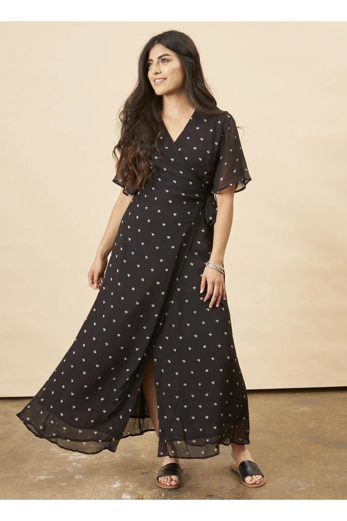 Baby Cacti Butterfly Sleeve Maxi Dress in Black + Cream