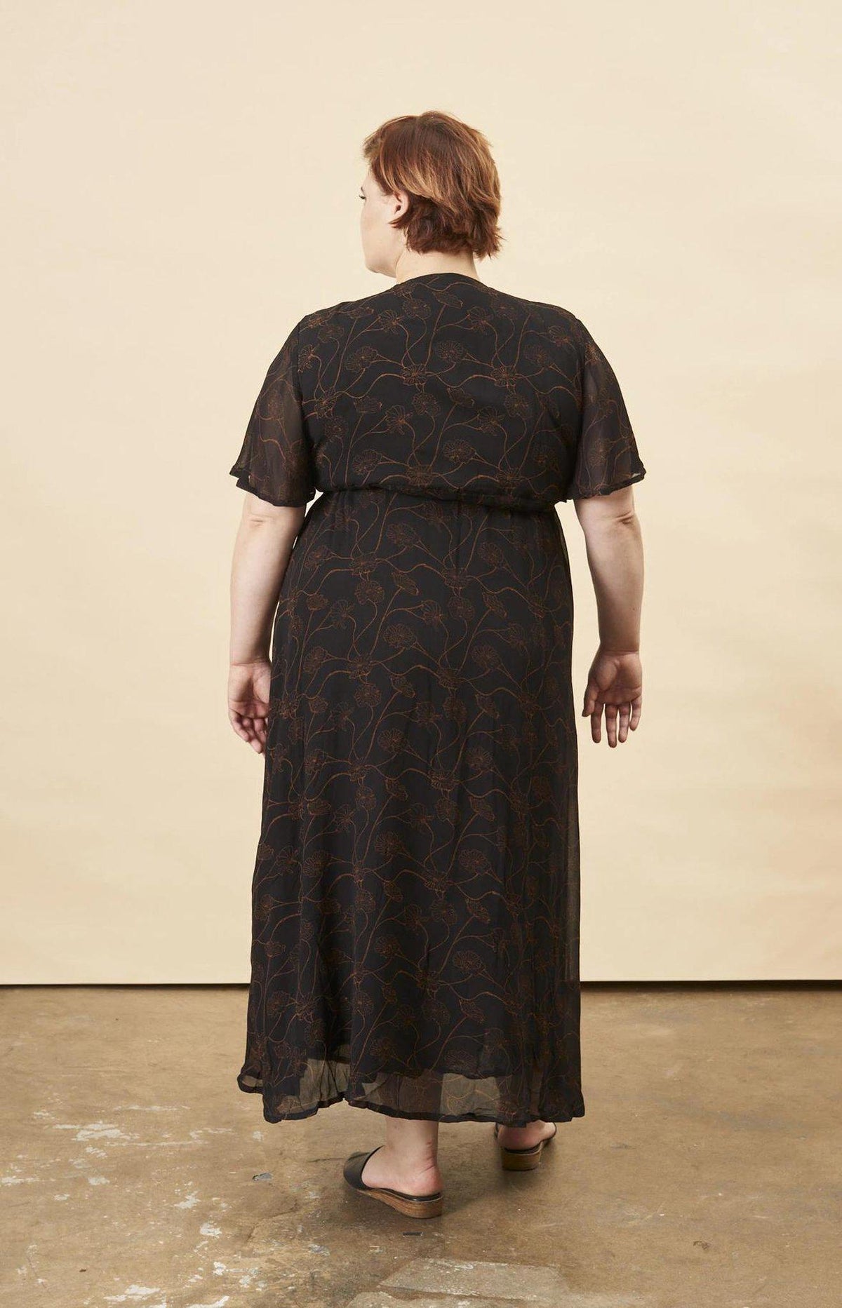 Poppy Flower Butterfly Sleeve Maxi Dress in Black + Copper