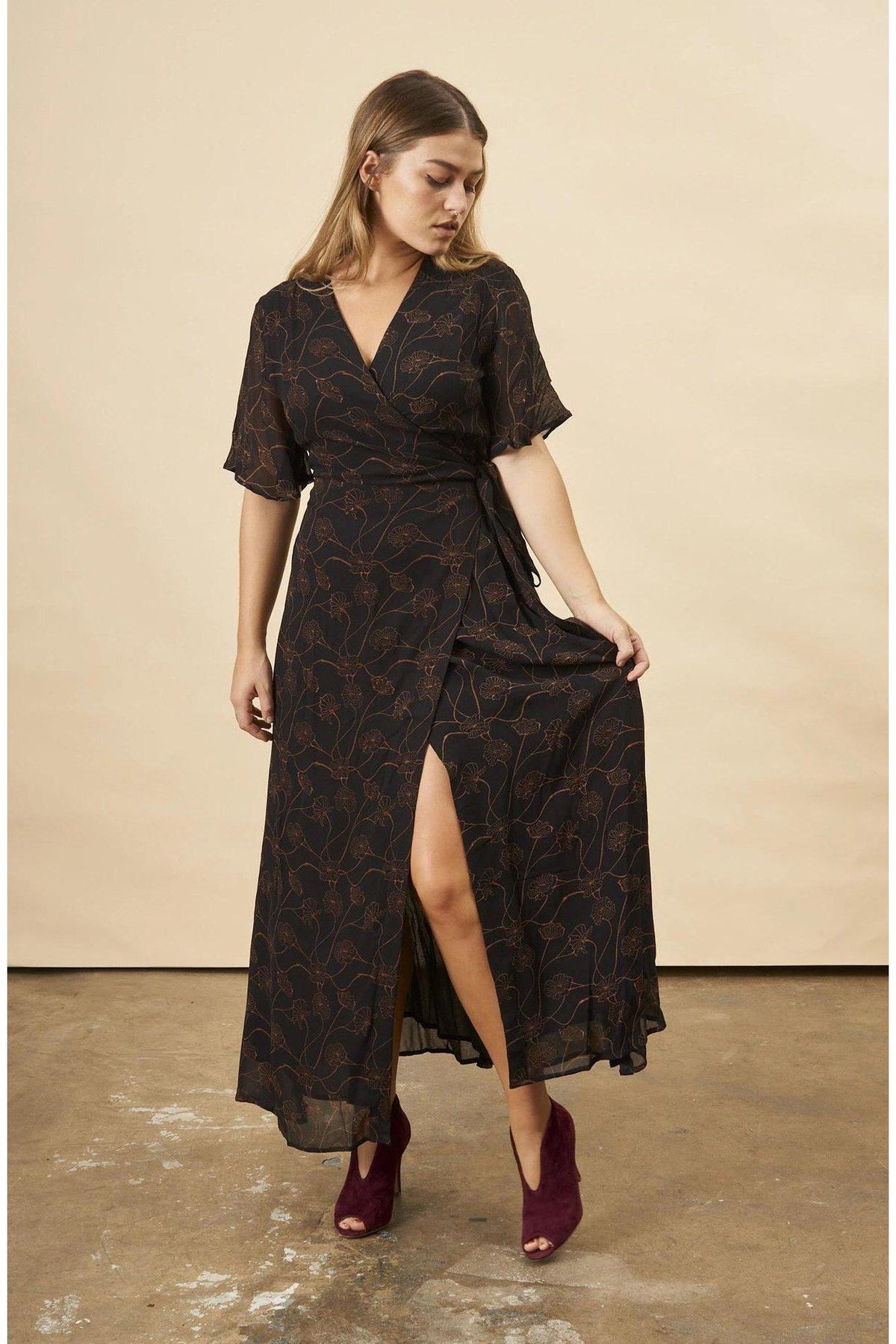 Poppy Flower Butterfly Sleeve Maxi Dress in Black + Copper