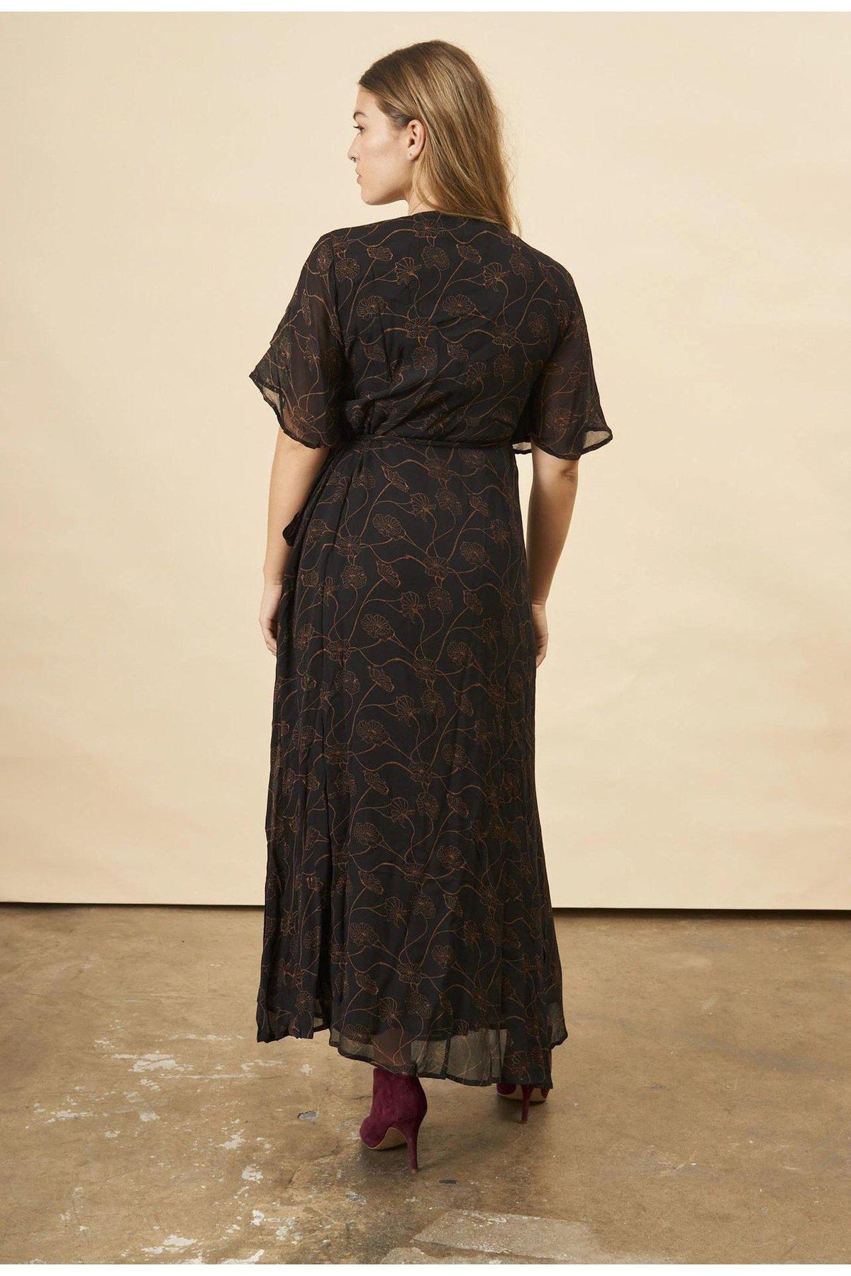 Poppy Flower Butterfly Sleeve Maxi Dress in Black + Copper
