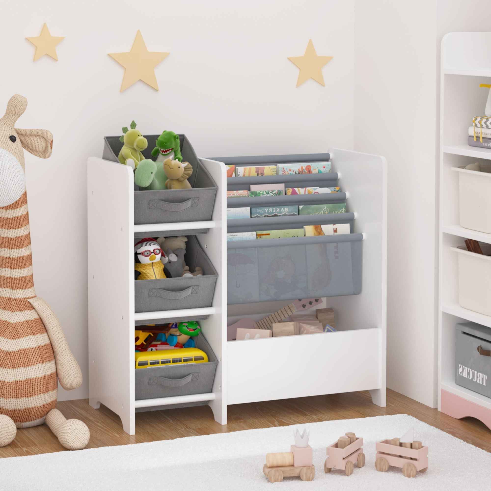 Bookshelf And Toy Storage Organizer, Multifunctional 4 Tier With 3 Collapsible Drawers - White
