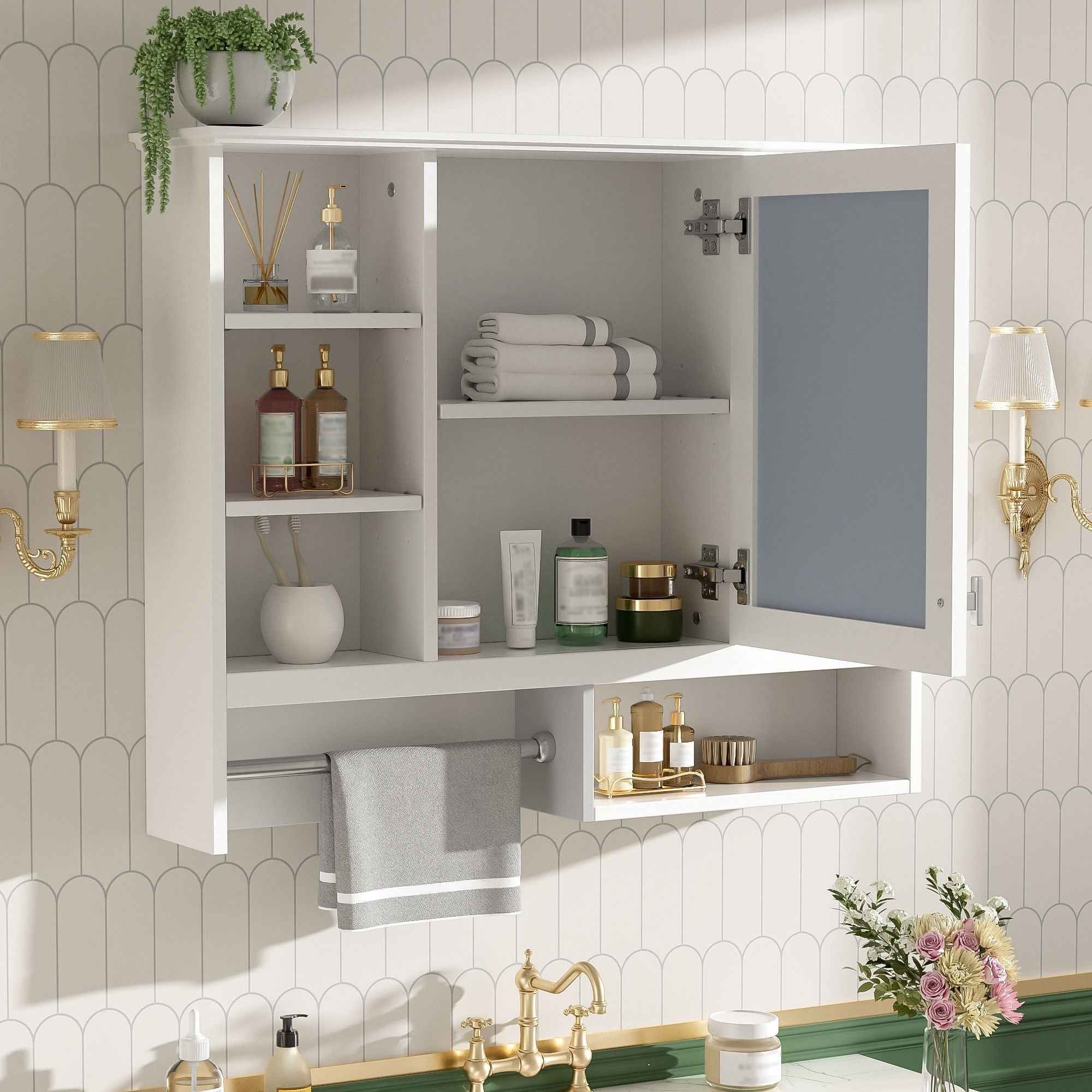 Wall Mount 2 In 1 Mirror Cabinet With Adjustable Shelves, Open Storage, For Bathroom Vanity - White