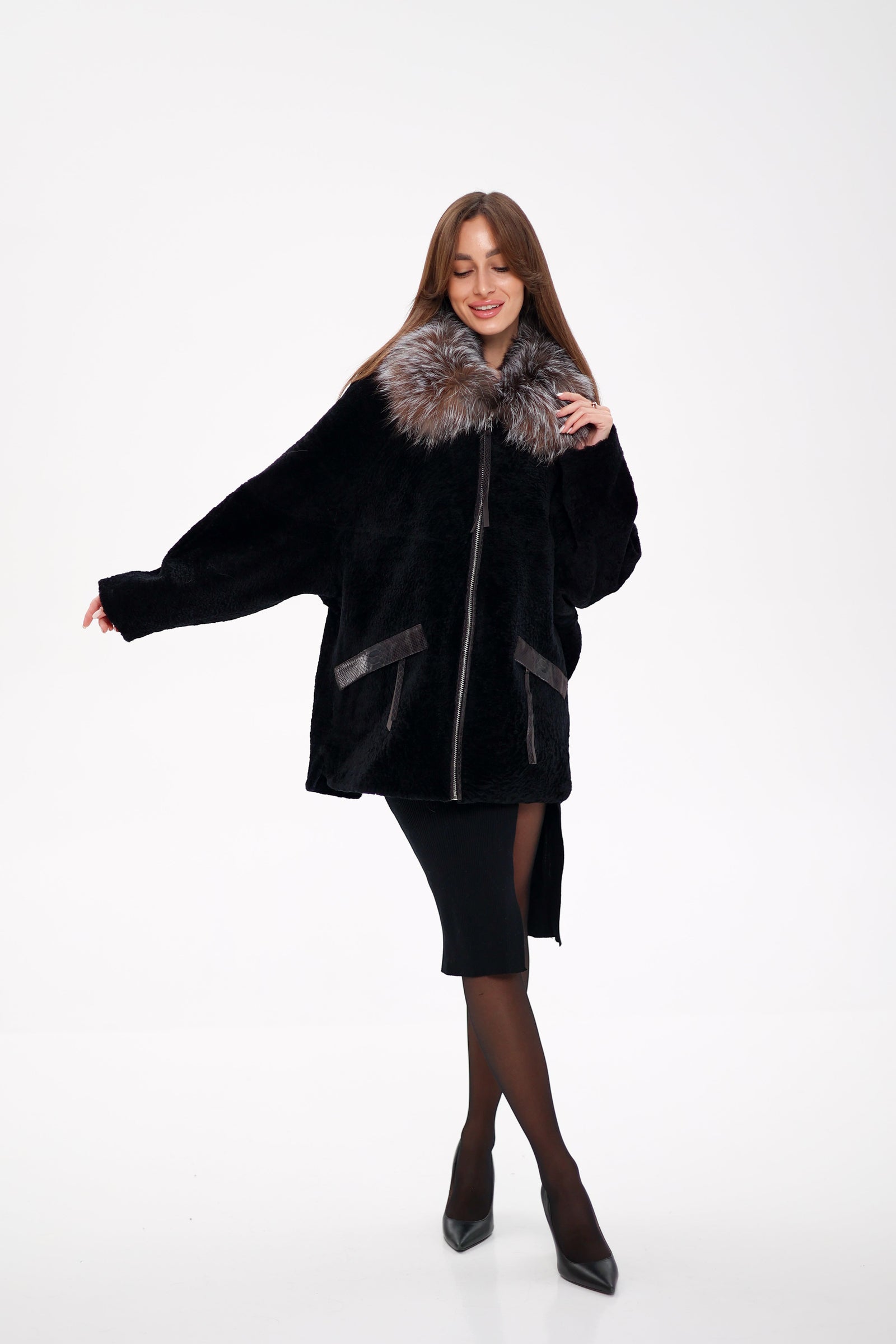 Palermo Genuine Astrakhan Silver Fox Trim Coat