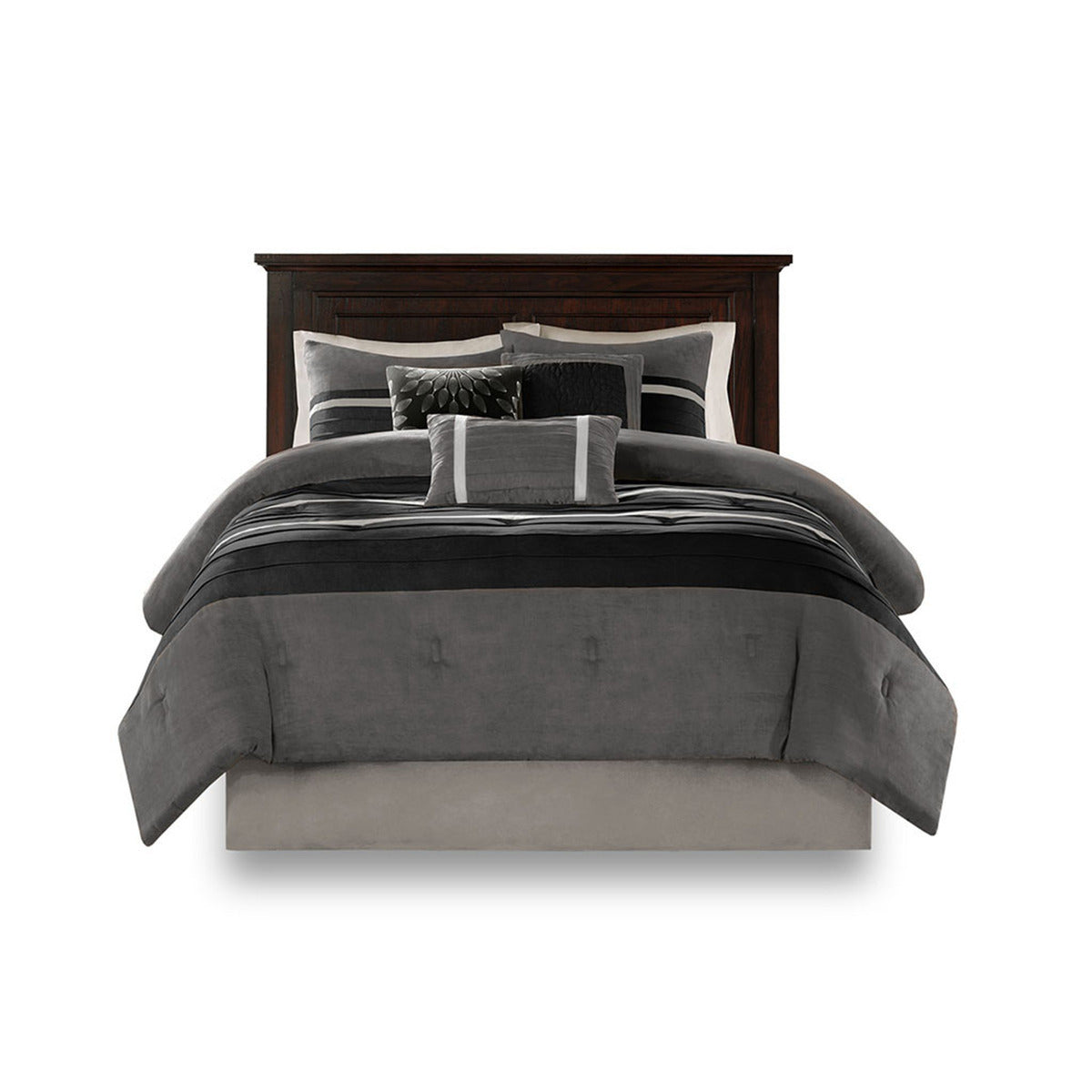 7 Pc Pieced Faux Suede Comforter Set in Black for Queen Beds