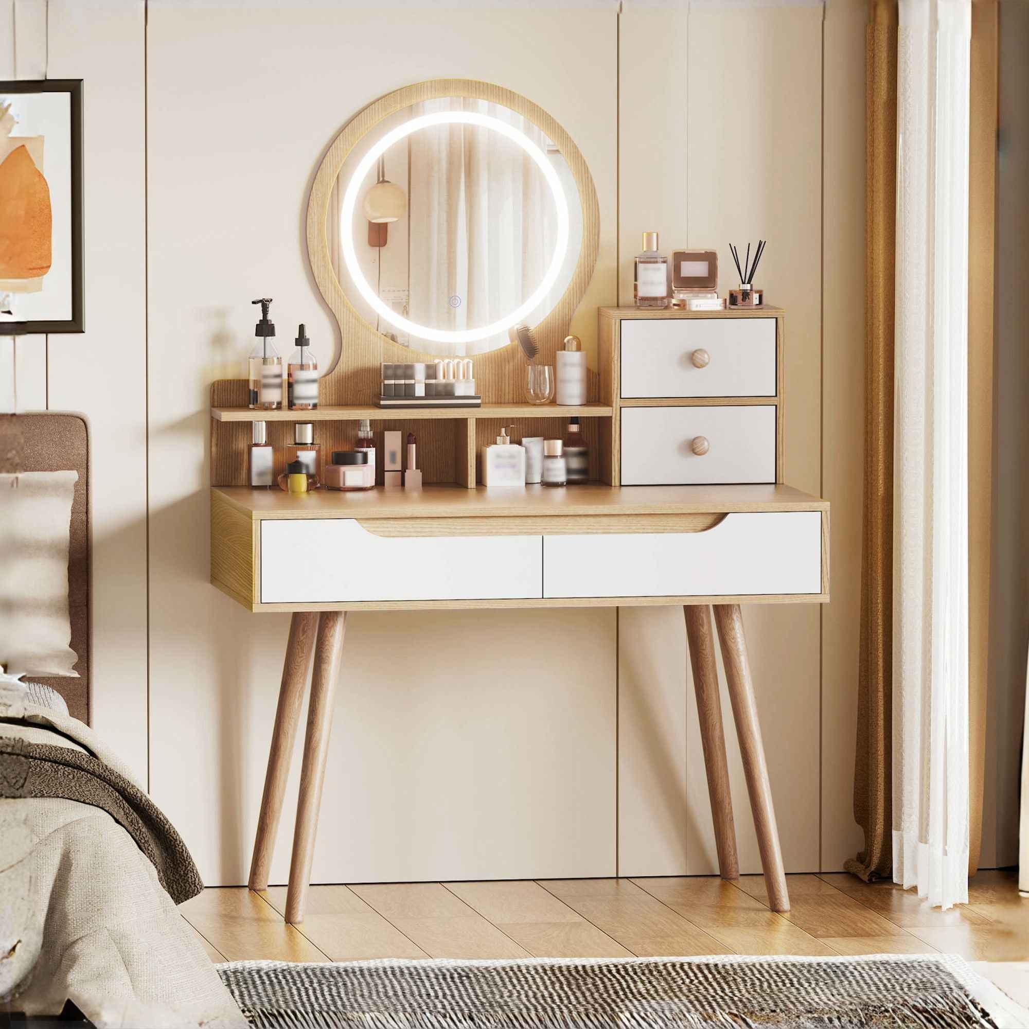 Elegant Makeup Vanity Desk With Adjustable Lighted Mirror Table Feet - American White Oak