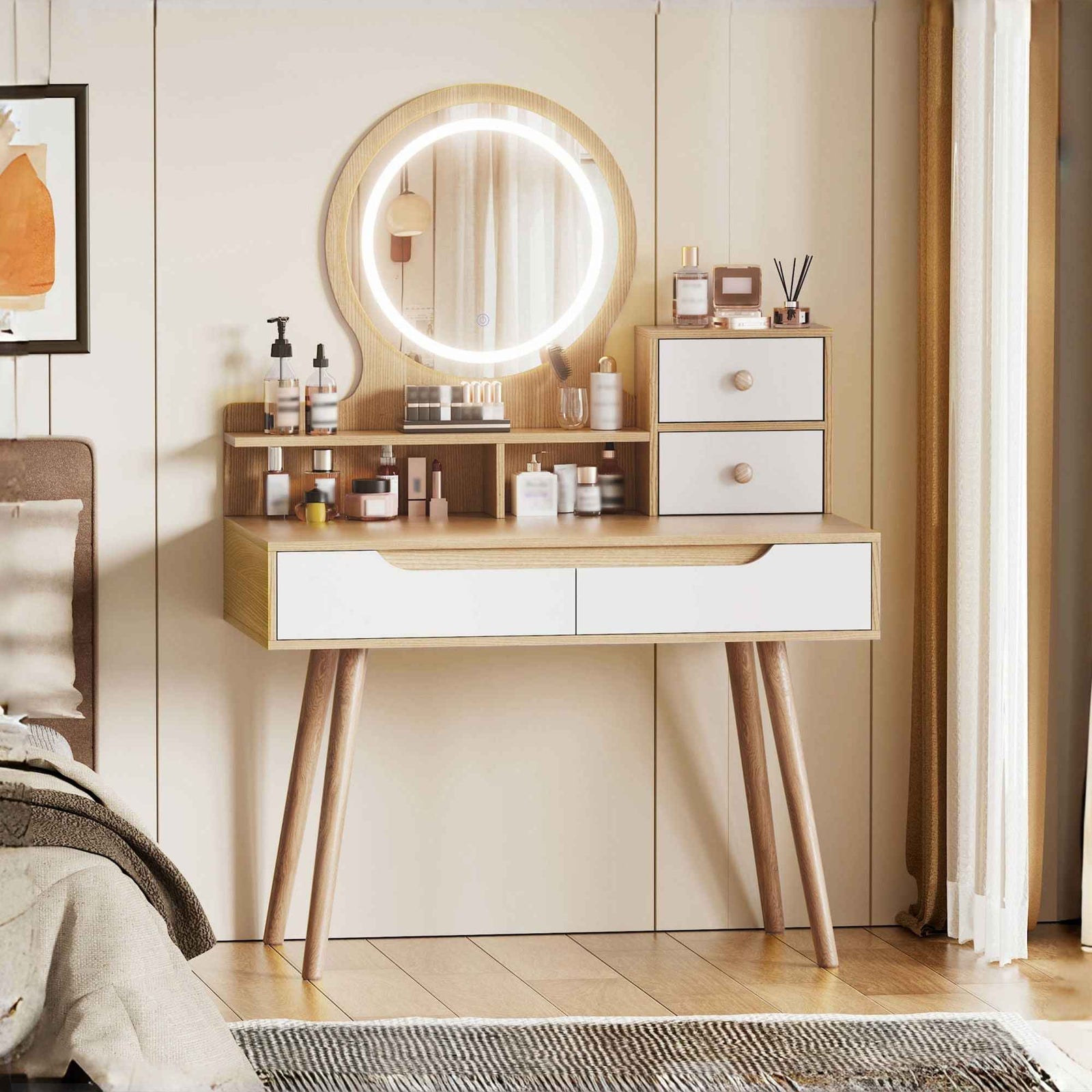 Elegant Makeup Vanity Desk With Adjustable Lighted Mirror Table Feet - American White Oak