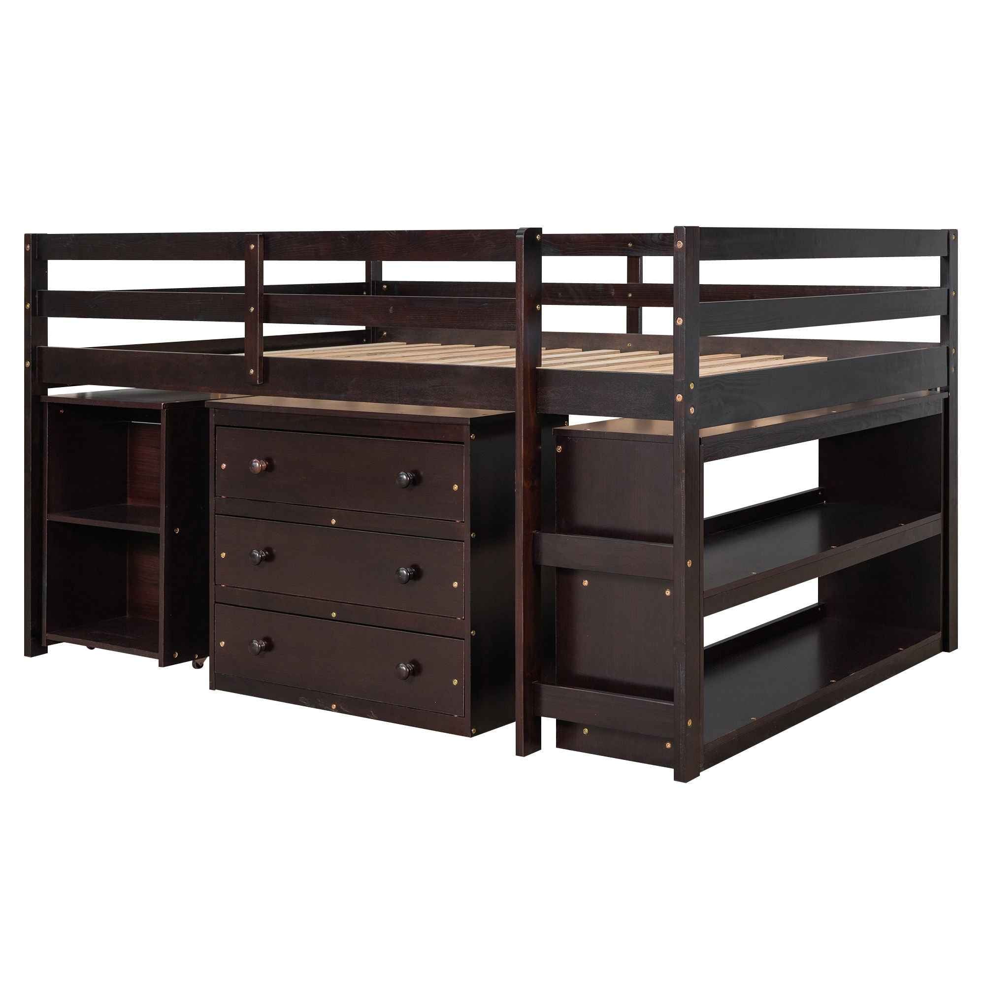 Loft Low Study Bed With Cabinet, Shelves And Rolling Portable Desk, Multiple Functions