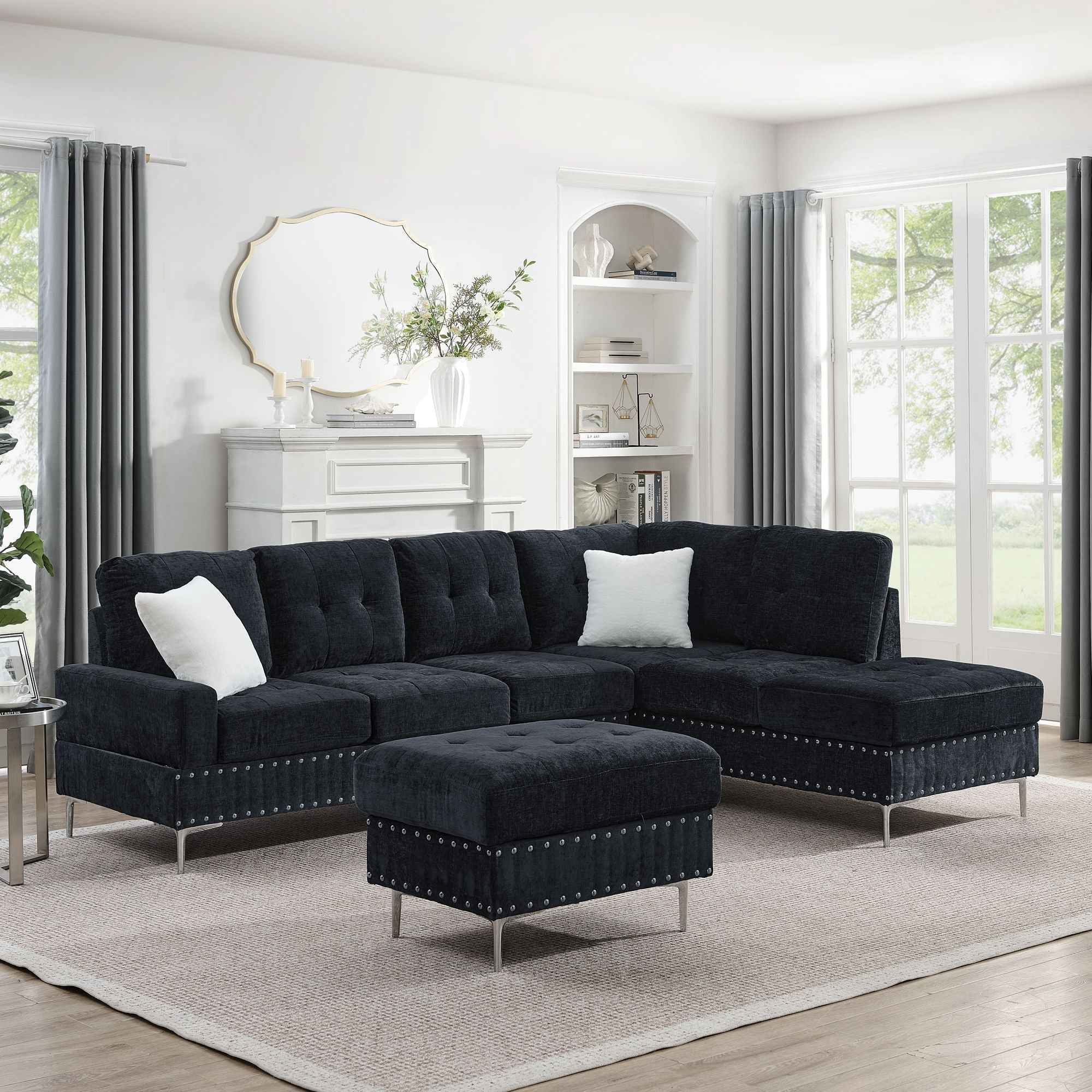 L-Shaped Sectional Sofa With Chaise And Storage Ottoman, Includes 2 Pillows