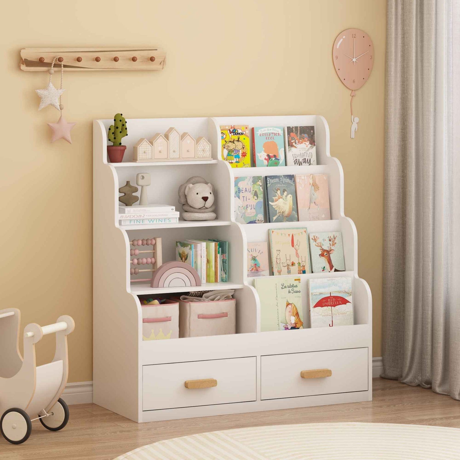 Bookshelf With 2 Storage Drawers, Front Facing Bookcase And Toy Organizer, Multi Tier Reading Shelf - White