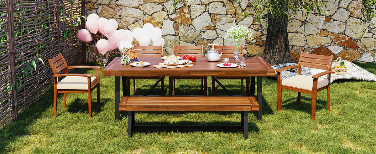 Acacia Wood Outdoor Dining Set with Ergonomic Seating - Seats 7-8