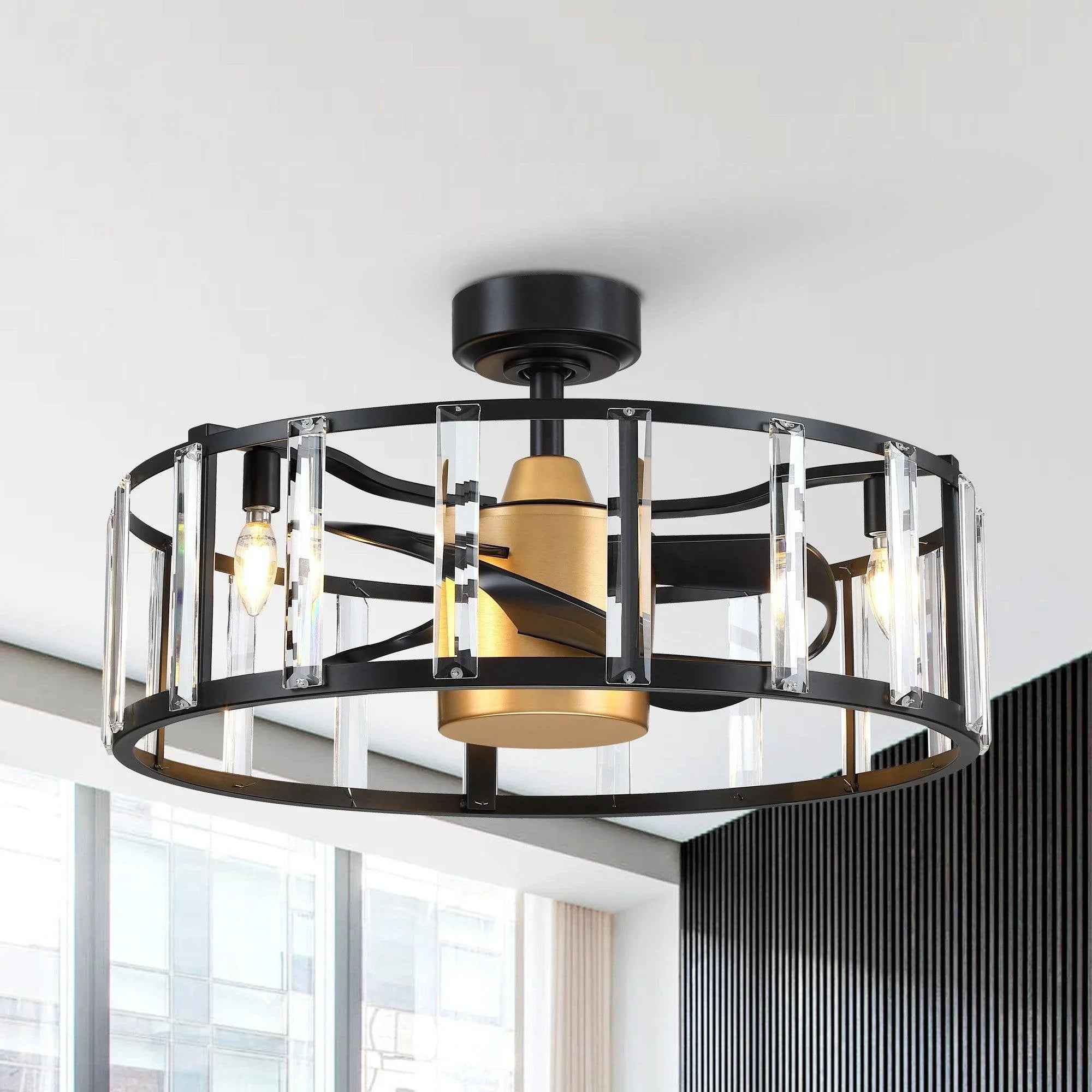 27" Modern DC Motor Downrod Mount Reversible Crystal Ceiling Fan with Lighting and Remote Control