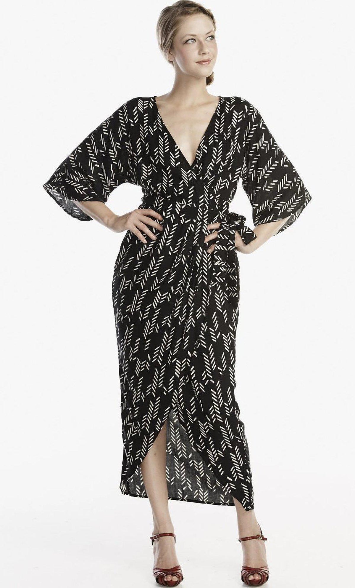 Stylized Feather Wrap Dress in Black + Cream