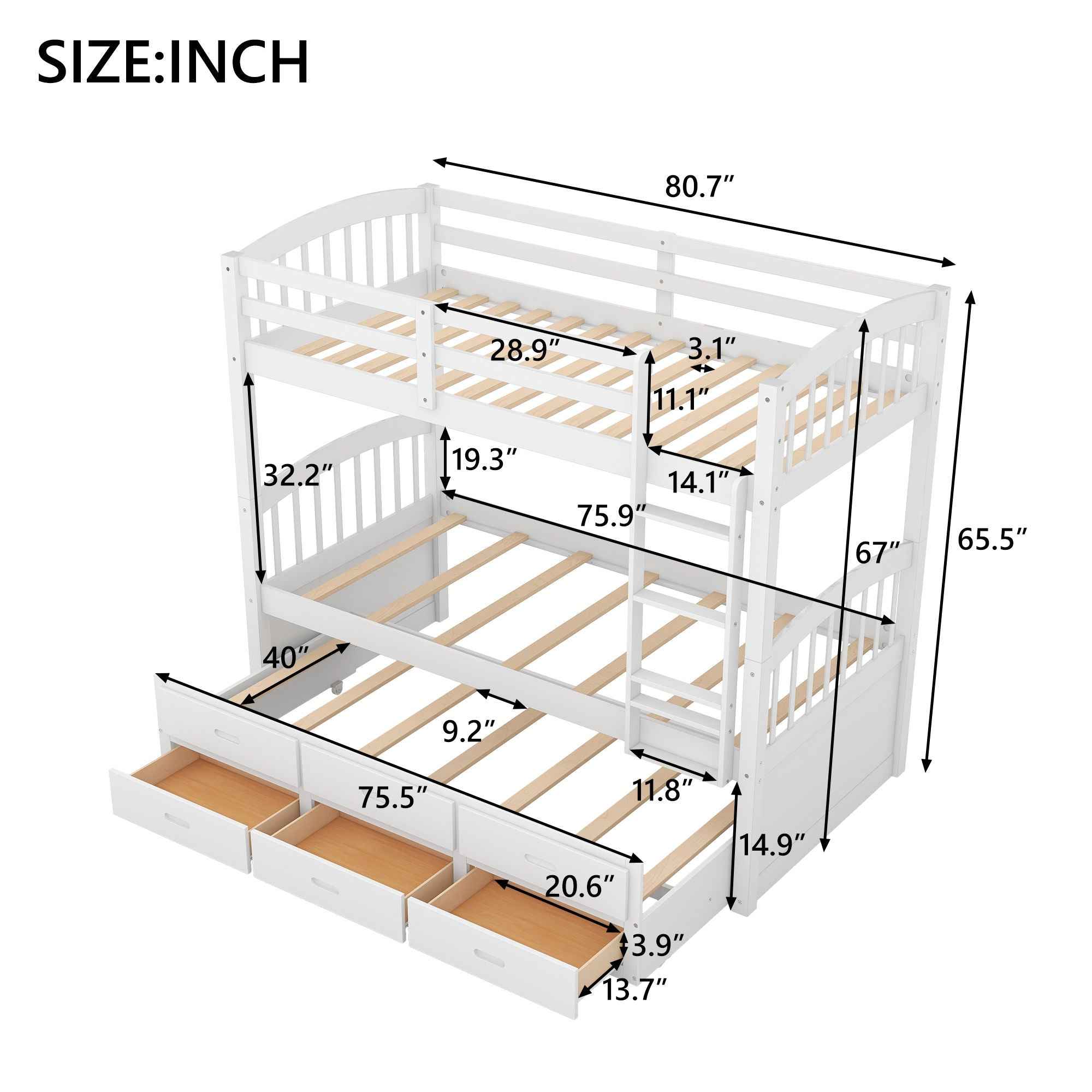 Bunk Bed With Trundle And Drawers, Arched Headboard And Footboard