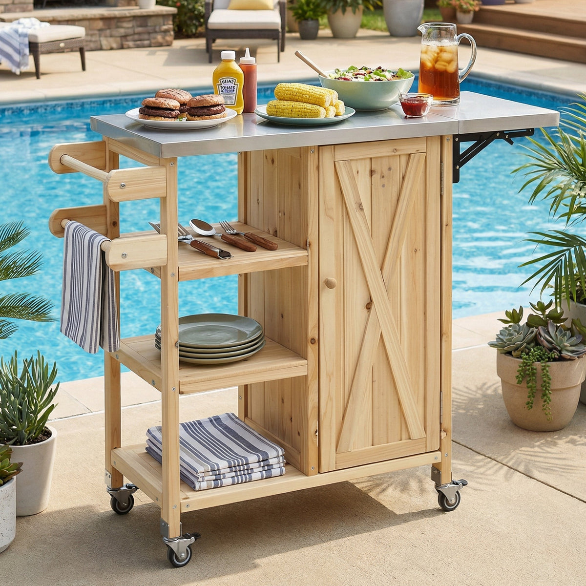 Foldable Outdoor Kitchen Island with Stainless Steel Top and Storage - Natural Fir Wood