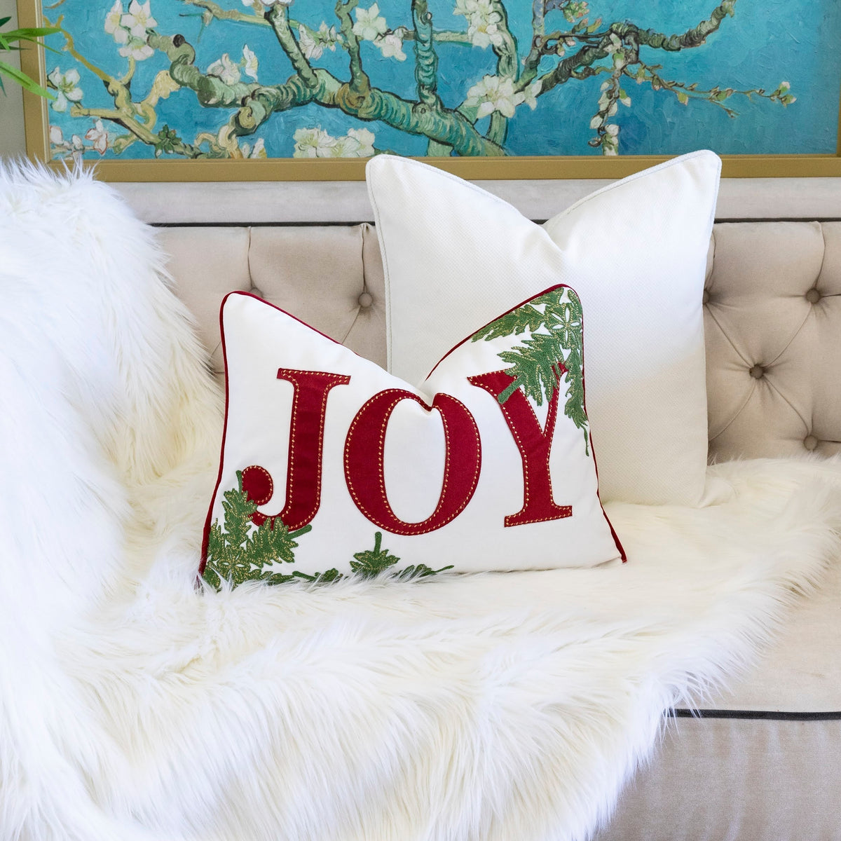 JOY Embroidered Christmas Throw Pillow with Velvet - Red and Green