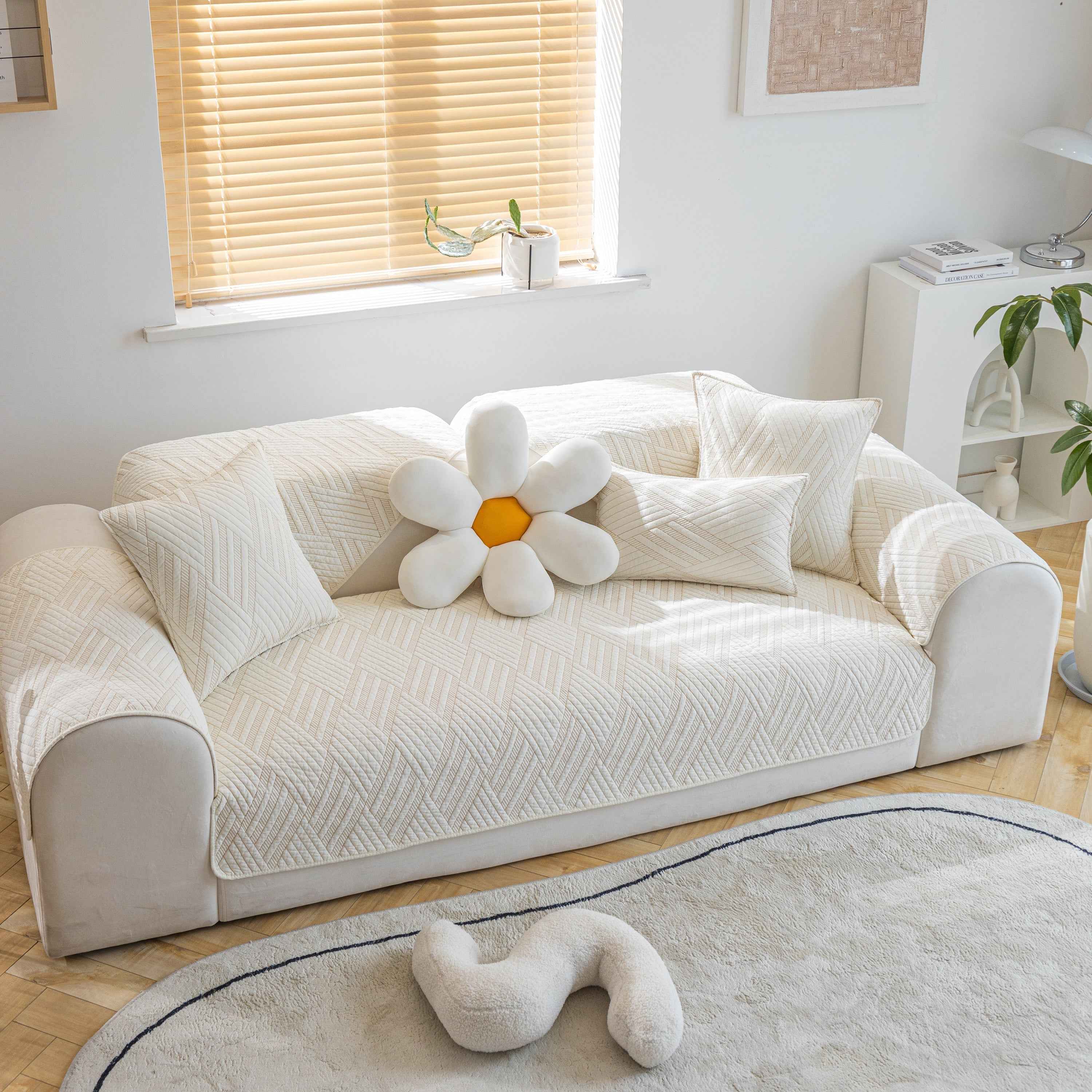Quilted Geometric Cotton Sofa Cover, Non-Slip & Thick Padded Furniture Covers