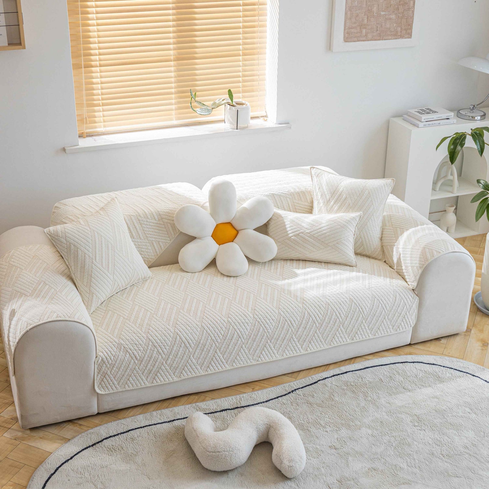 Quilted Geometric Cotton Sofa Cover, Non-Slip & Thick Padded Furniture Covers