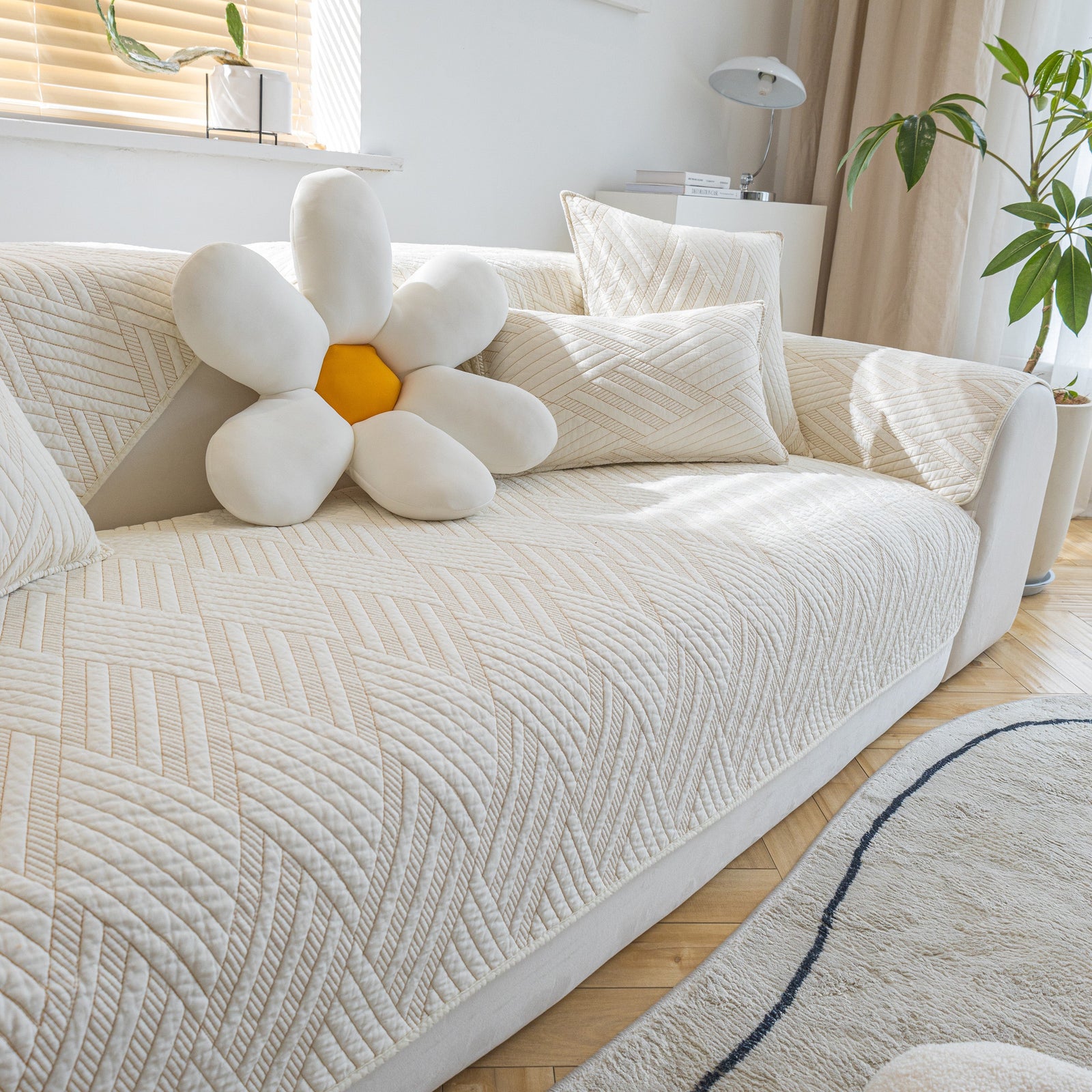 Quilted Geometric Cotton Sofa Cover, Non-Slip & Thick Padded Furniture Covers