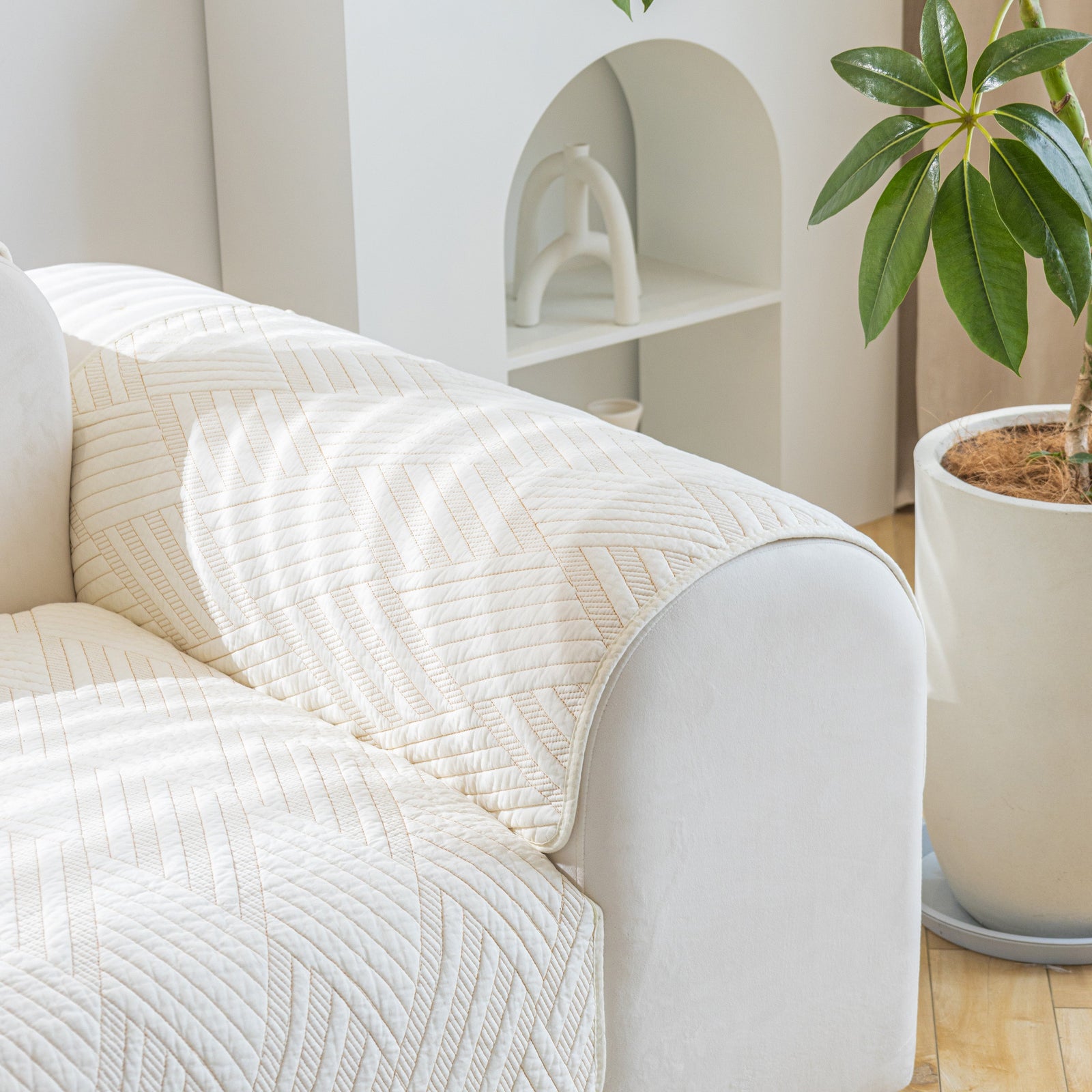 Quilted Geometric Cotton Sofa Cover, Non-Slip & Thick Padded Furniture Covers