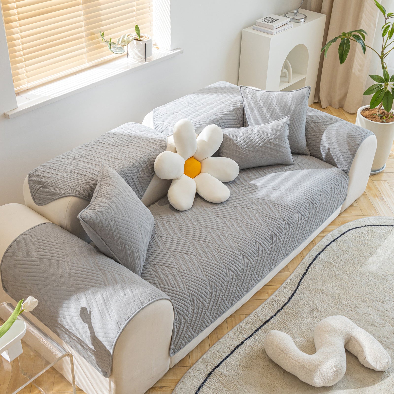 Quilted Geometric Cotton Sofa Cover, Non-Slip & Thick Padded Furniture Covers