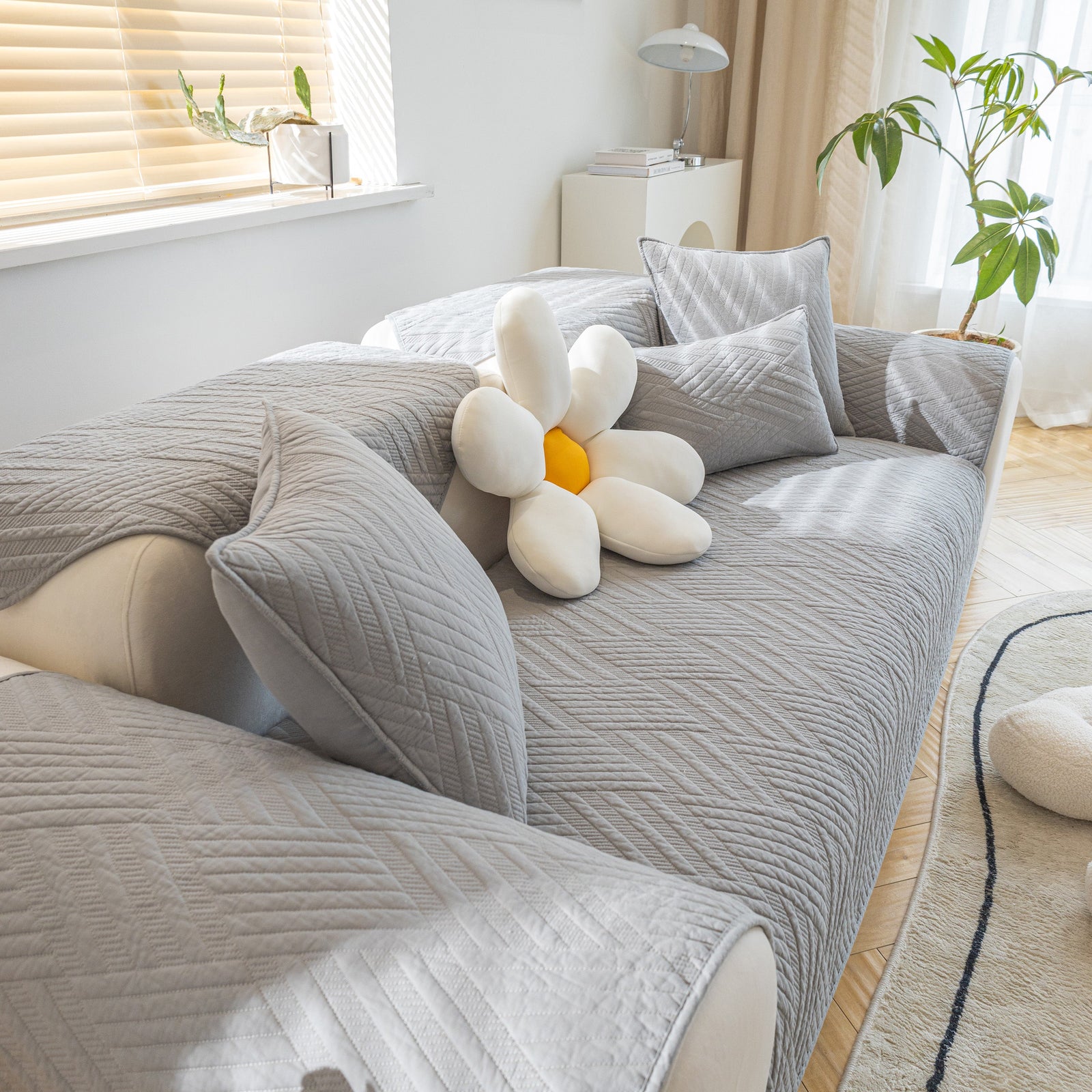 Quilted Geometric Cotton Sofa Cover, Non-Slip & Thick Padded Furniture Covers
