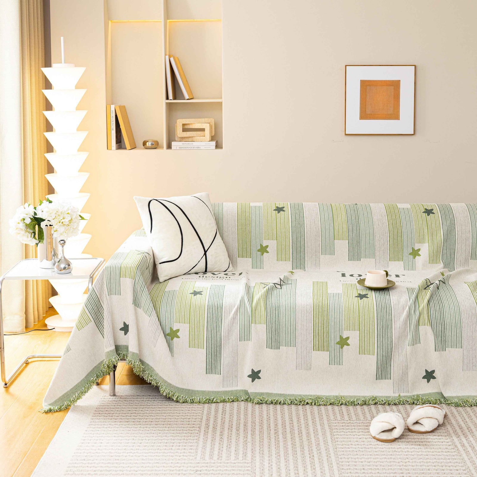 Geometric Chenille Sofa Throw Cover, Breathable Couch Protector with Tassel Fringe