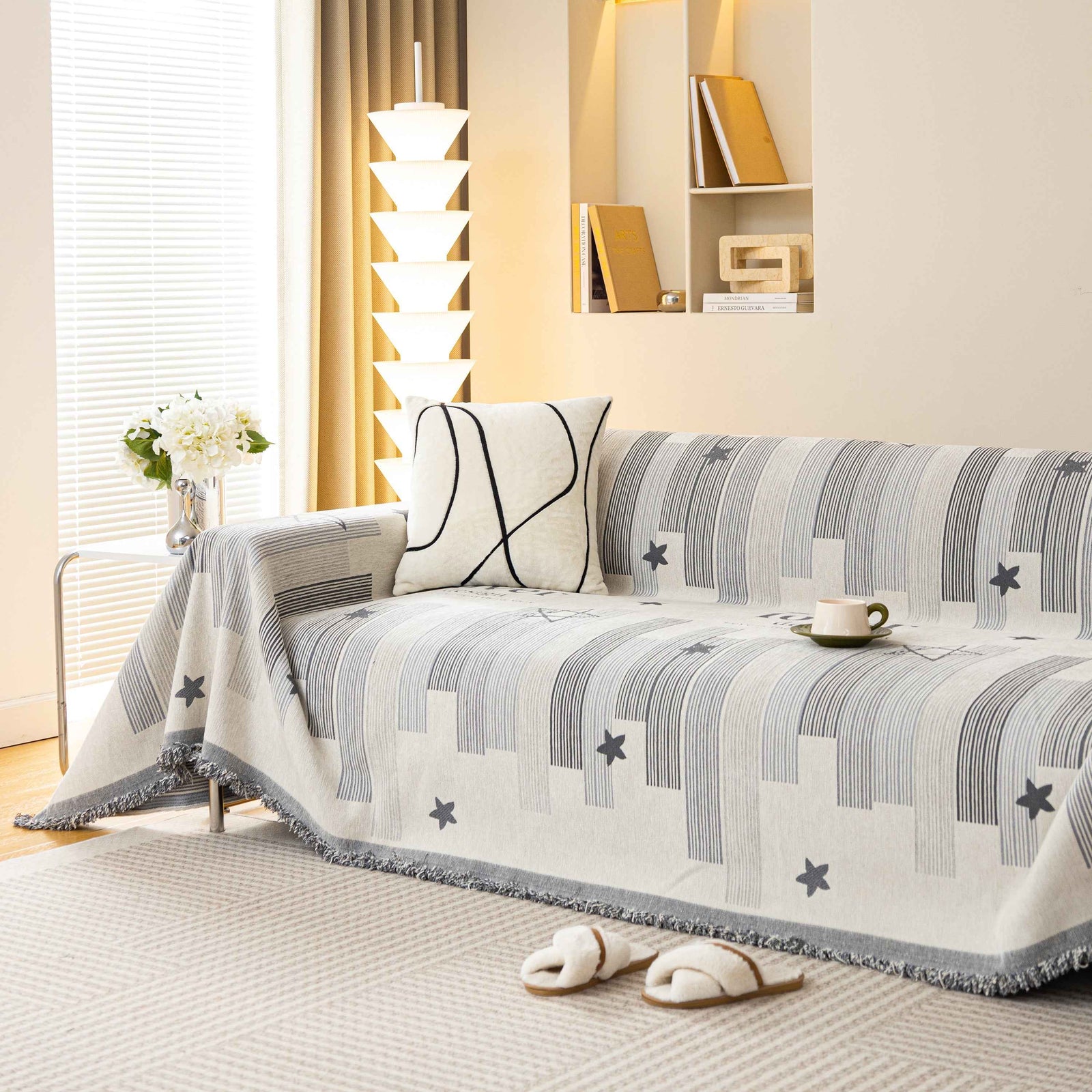 Geometric Chenille Sofa Throw Cover, Breathable Couch Protector with Tassel Fringe