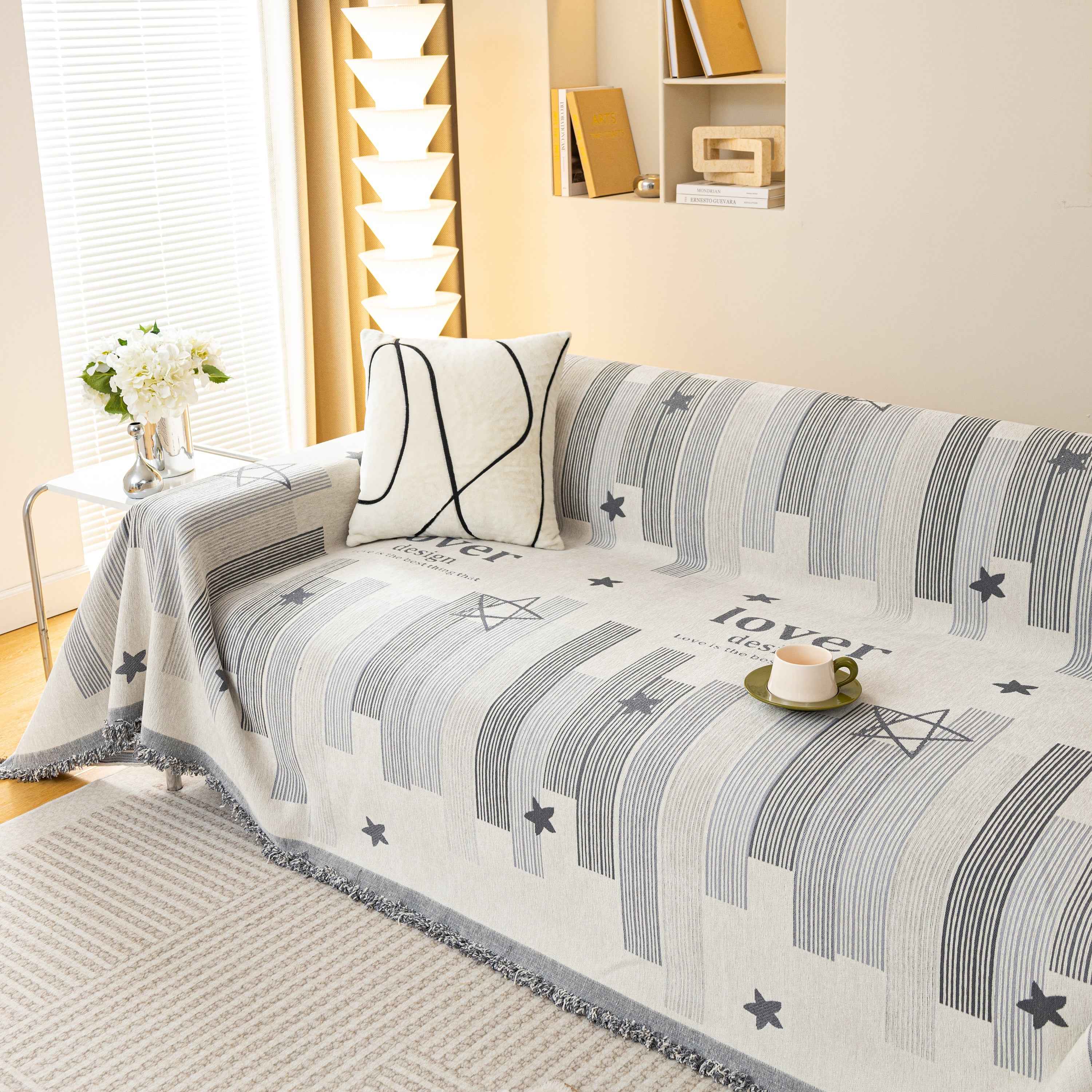 Geometric Chenille Sofa Throw Cover, Breathable Couch Protector with Tassel Fringe