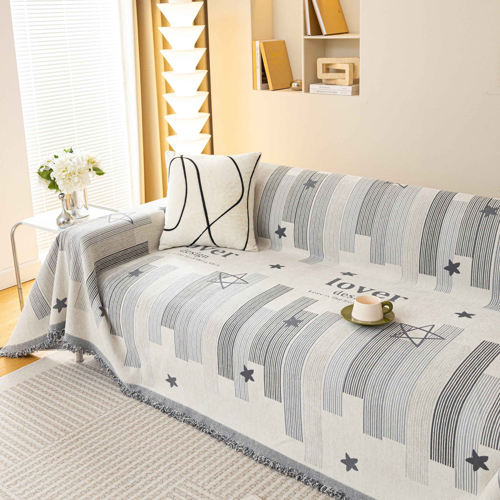 Geometric Chenille Sofa Throw Cover, Breathable Couch Protector with Tassel Fringe