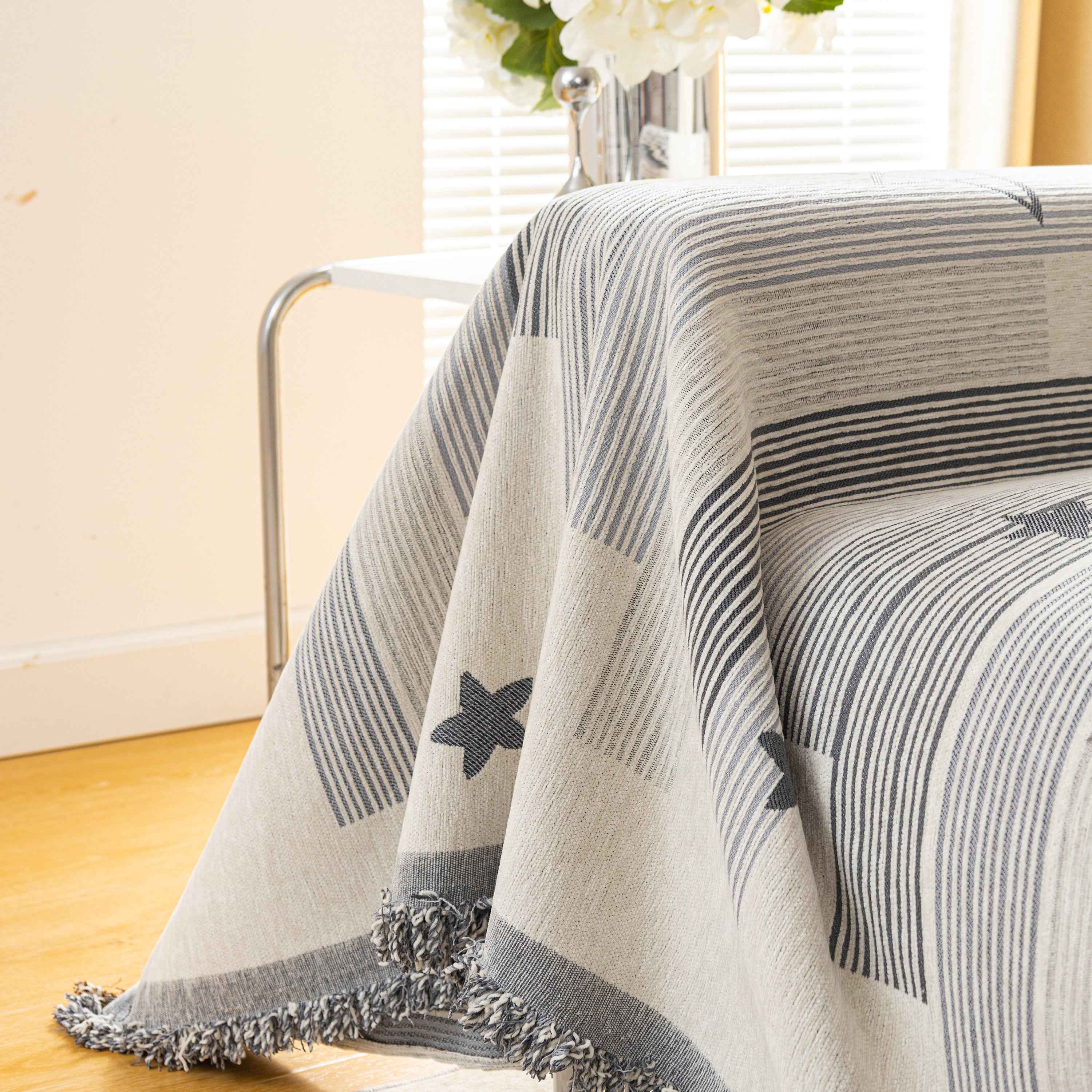 Geometric Chenille Sofa Throw Cover, Breathable Couch Protector with Tassel Fringe