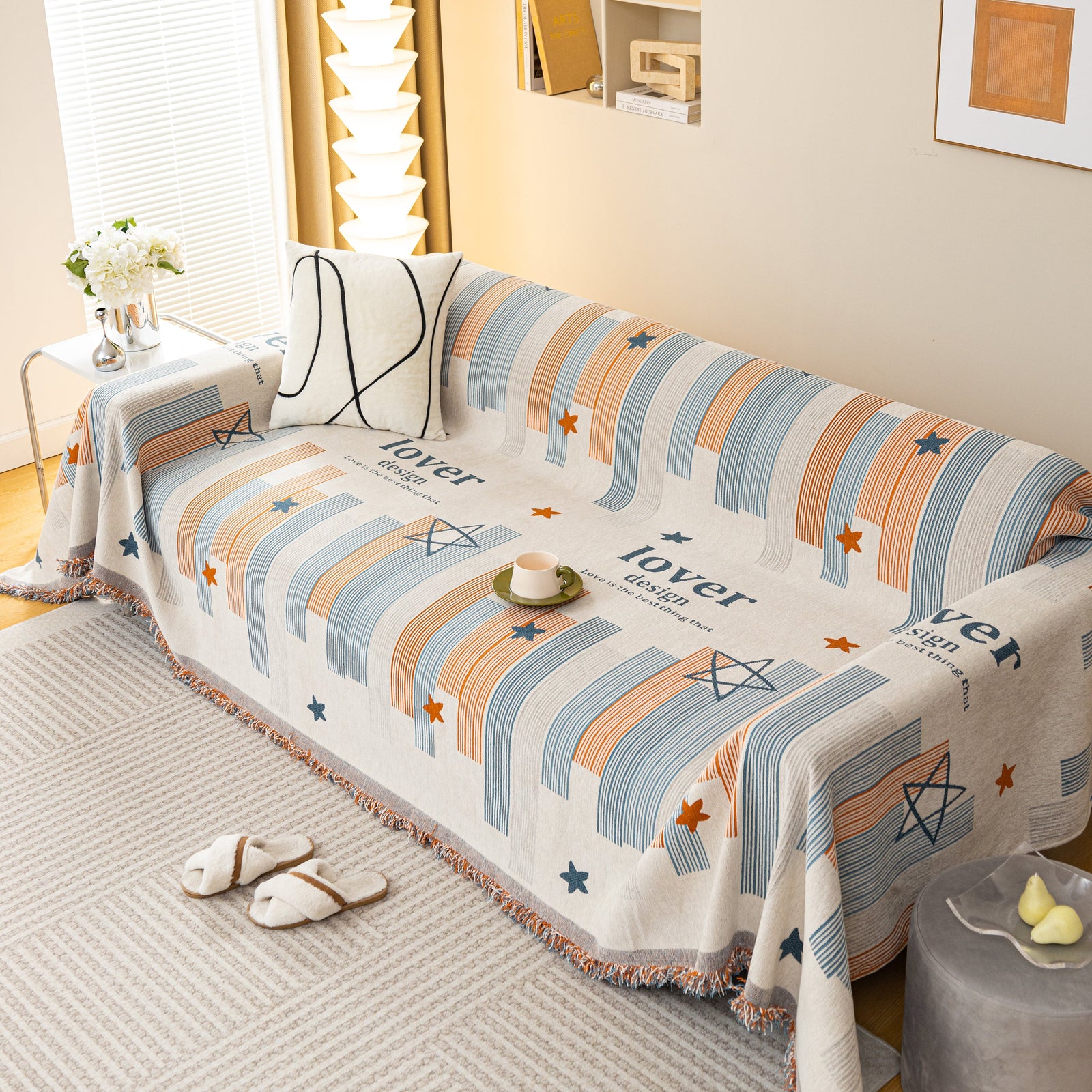 Geometric Chenille Sofa Throw Cover, Breathable Couch Protector with Tassel Fringe