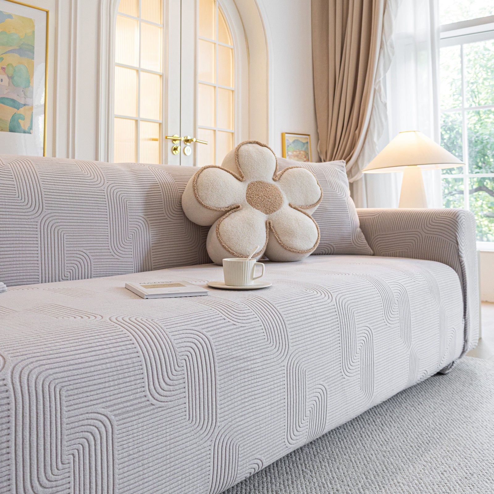 Modern Slipcovers Geometric Textured Stretchable Sofa Cover for Couch with Chaise
